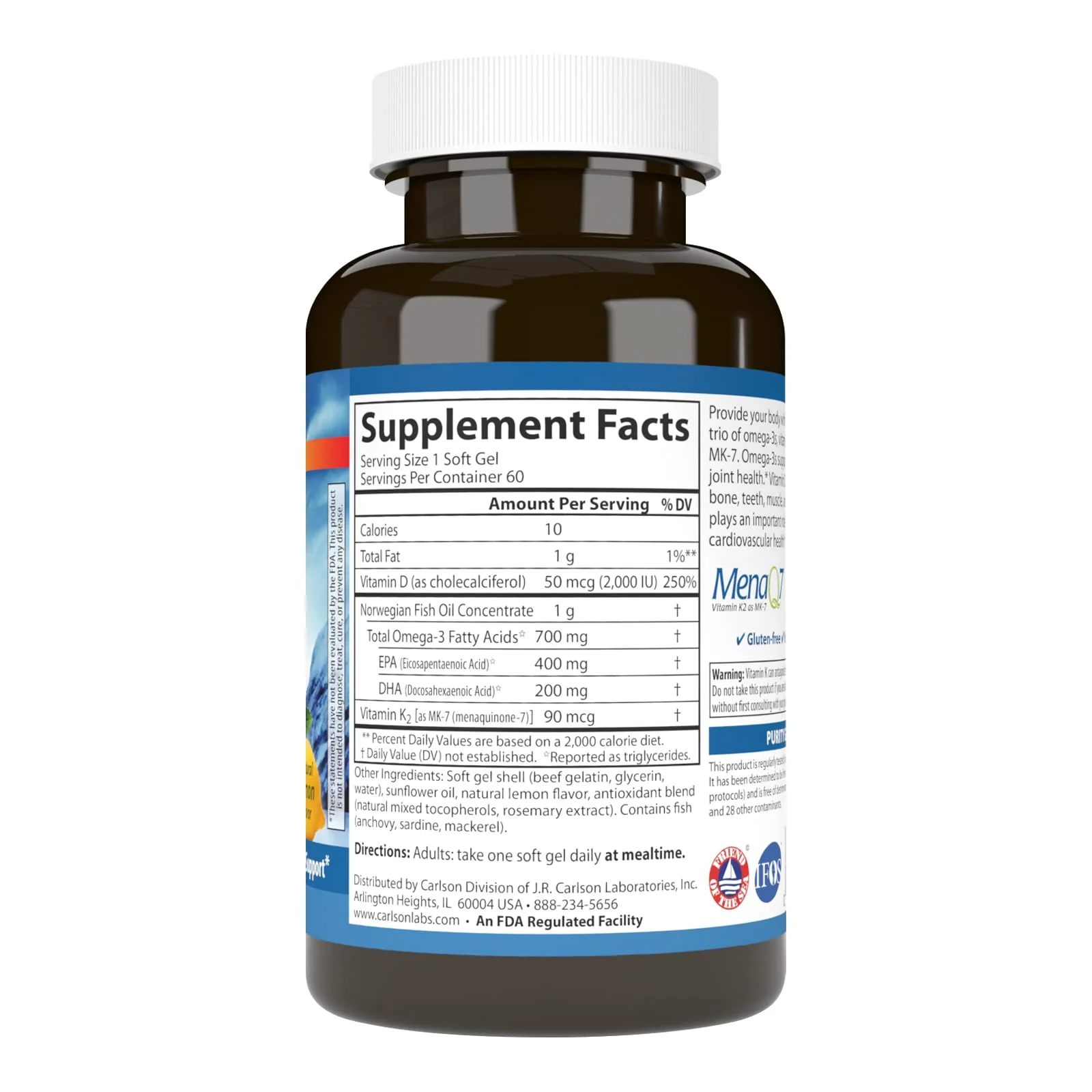 Carlson Elite Omega-3 Plus D & K – 700 mg Omega-3s, D3 & K2, Lemon, 60 Softgels - Image 3
