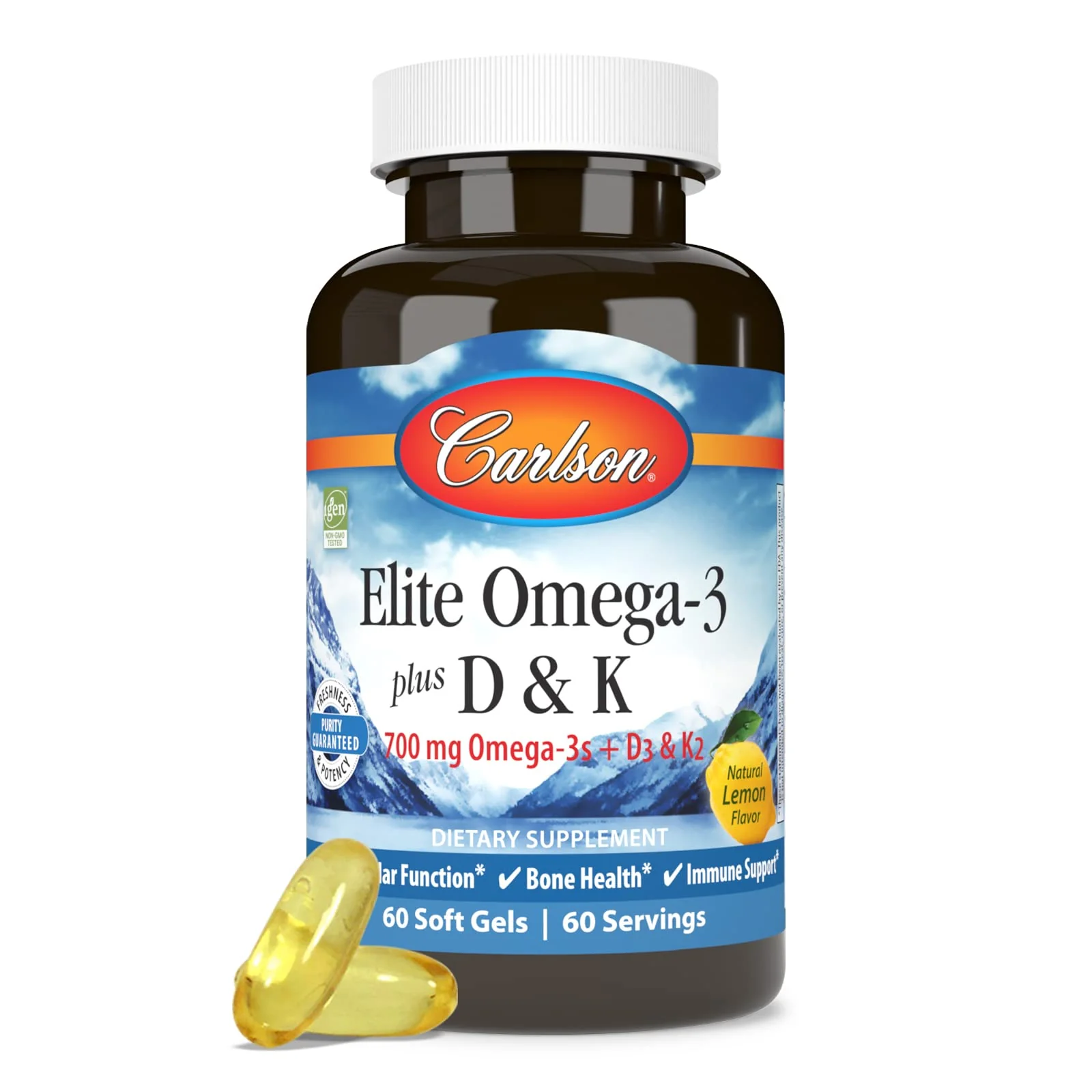 Carlson Elite Omega-3 Plus D & K – 700 mg Omega-3s, D3 & K2, Lemon, 60 Softgels - Image 6