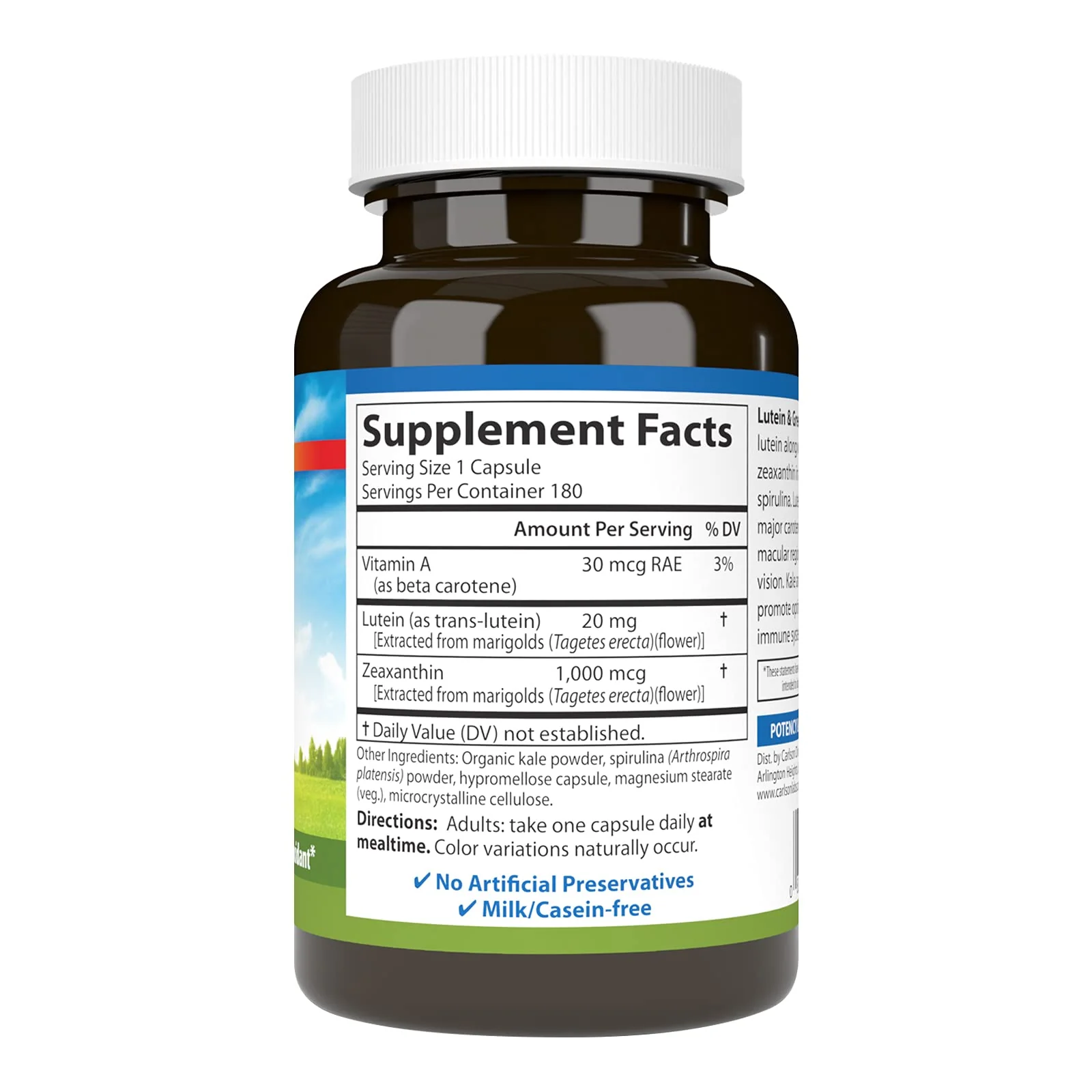 Carlson Lutein & Greens 20 mg - Vision Support & Eye Function - 180 Vegetarian Capsules - Image 2