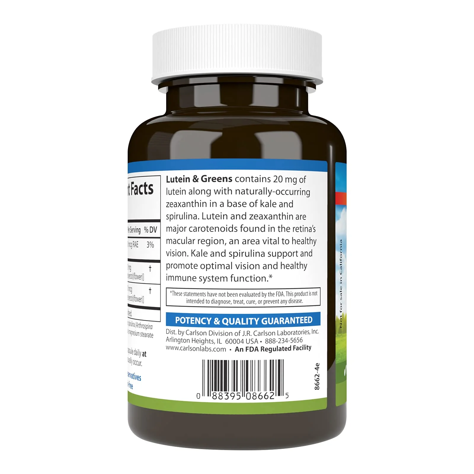 Carlson Lutein & Greens 20 mg - Vision Support & Eye Function - 180 Vegetarian Capsules - Image 3
