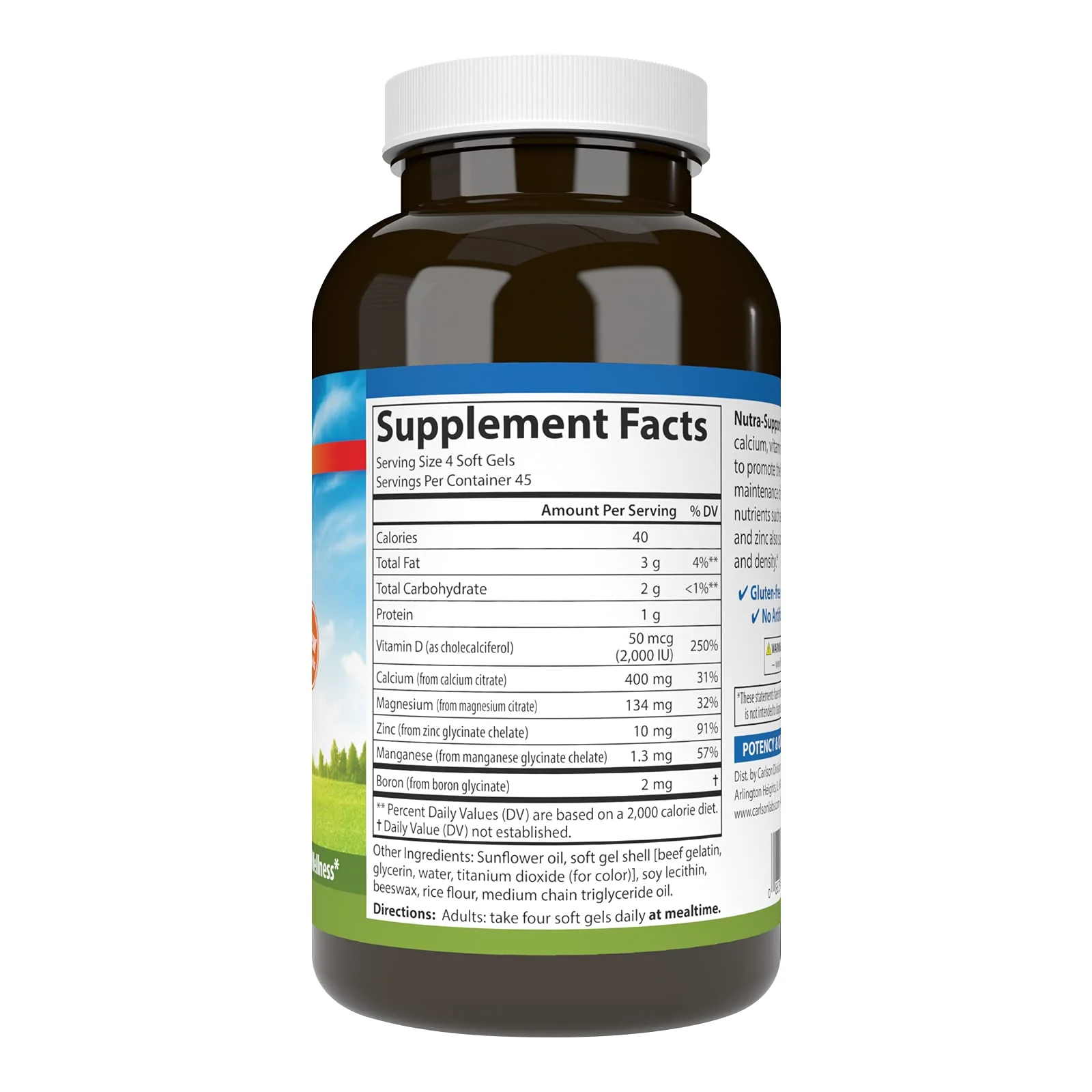 Carlson Nutra-Support Bone Calcium, Magnesium & Vitamin D3 – 180 Softgels - Image 2