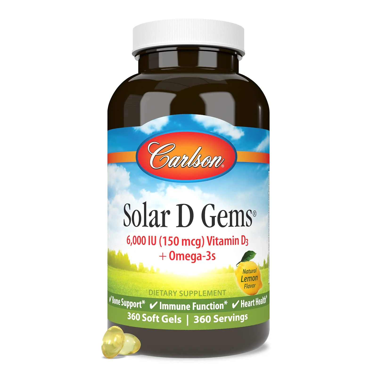 Carlson Solar D Gems: Vitamin D3 6000 IU + Omega-3 (EPA/DHA), Lemon, 360 Softgels - Image 5
