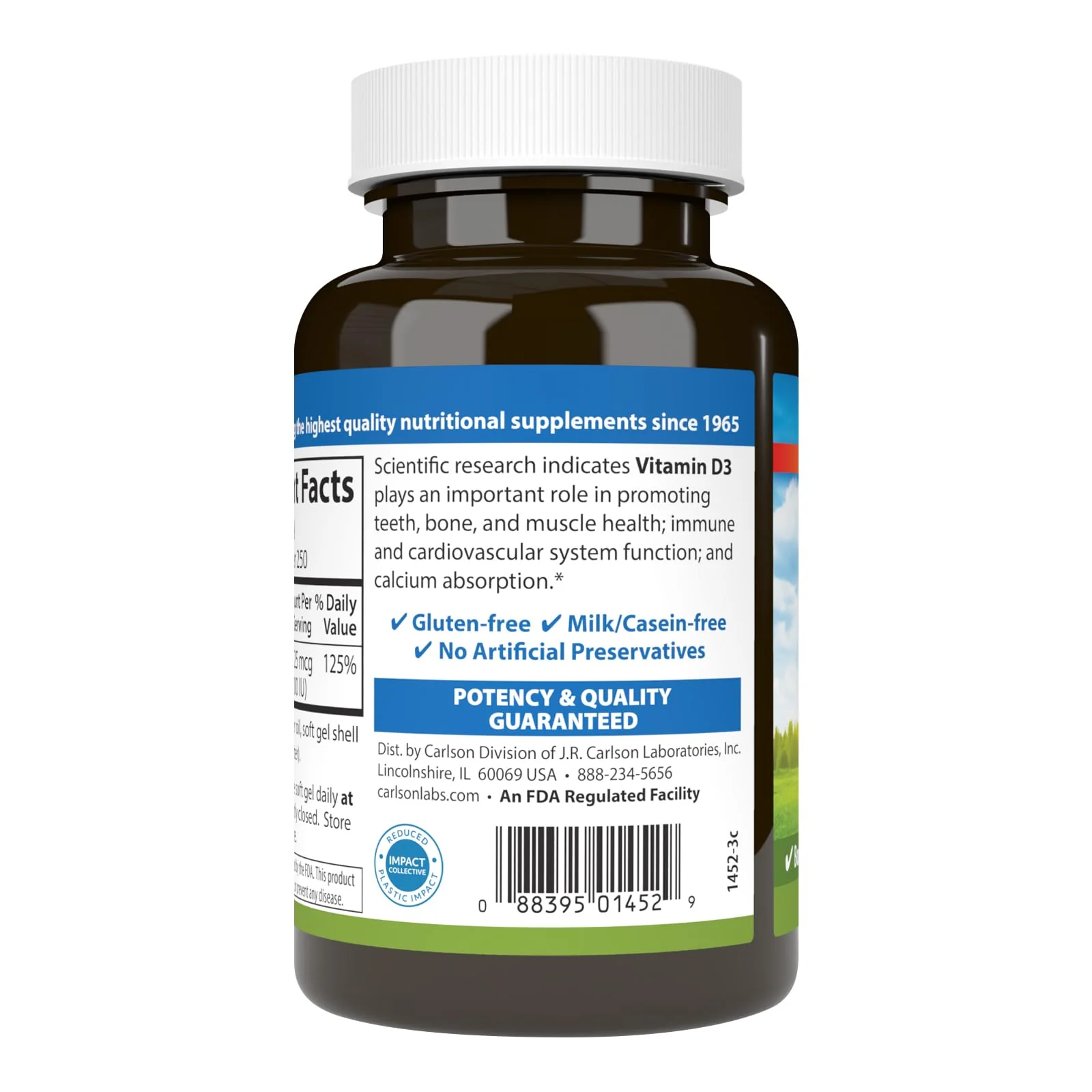 Carlson Vitamin D3 1000 IU Soft Gels – Bone & Muscle Health (2-Pack, 250 Softgels Each) - Image 2