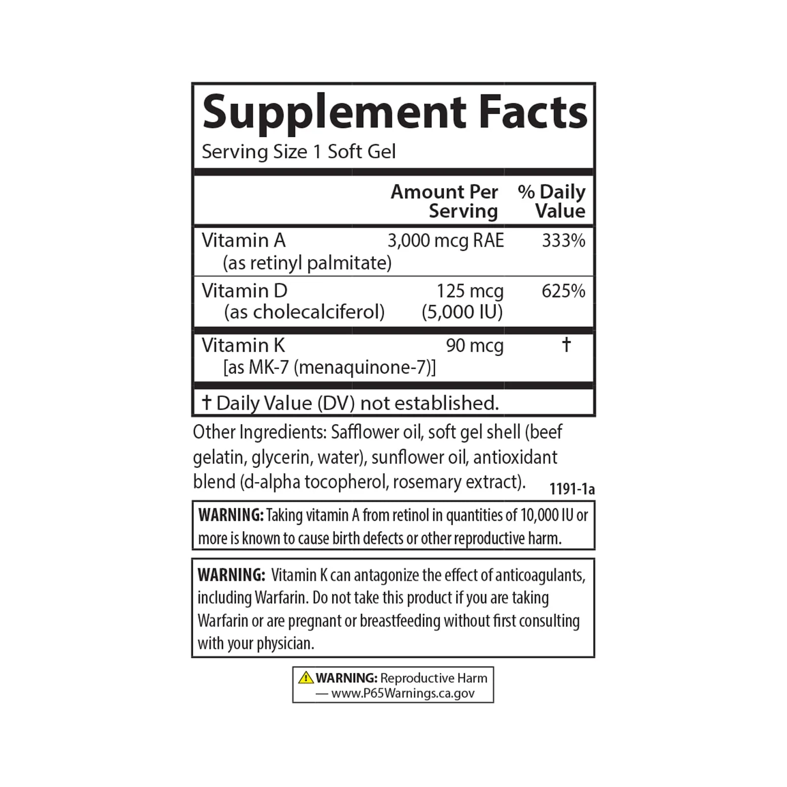 Carlson Vitamins A, D3, K2 3000 mcg RAE A, 125 mcg D3, 90 mcg K2 MK-7 | 120 Soft Gels - Image 4