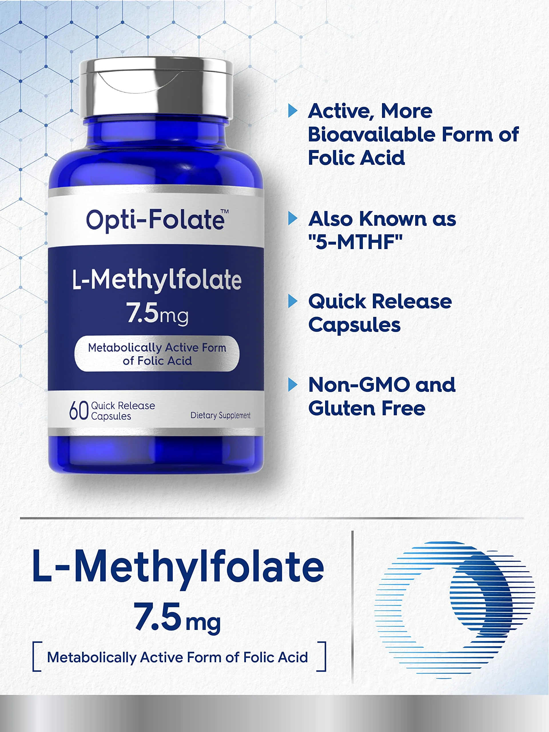 Carlyle L-Methylfolate 7.5 mg | 60 Capsules | Optimized & Activated | Non-GMO, Gluten Free | 5-MTHF Methyl Folate | Opti-Folate (Pack of 2) - Image 3