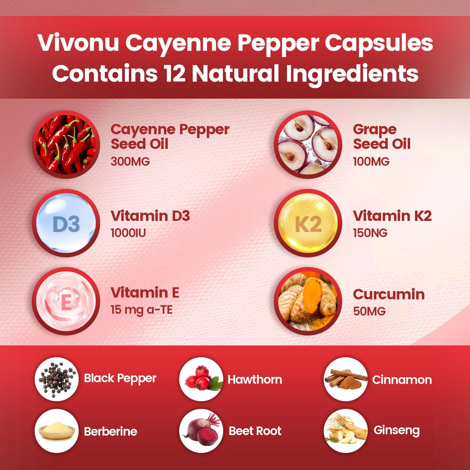 Cayenne Pepper Softgels Supplement, Supports Leg Vein, Heart and Blood Vessel Health, with Vitamin E D3+K2 and Extracts of Grape Seed, Hawthorn, Beetroot, Berberine and Others (240 Softgels / 1 Pack) - Image 2