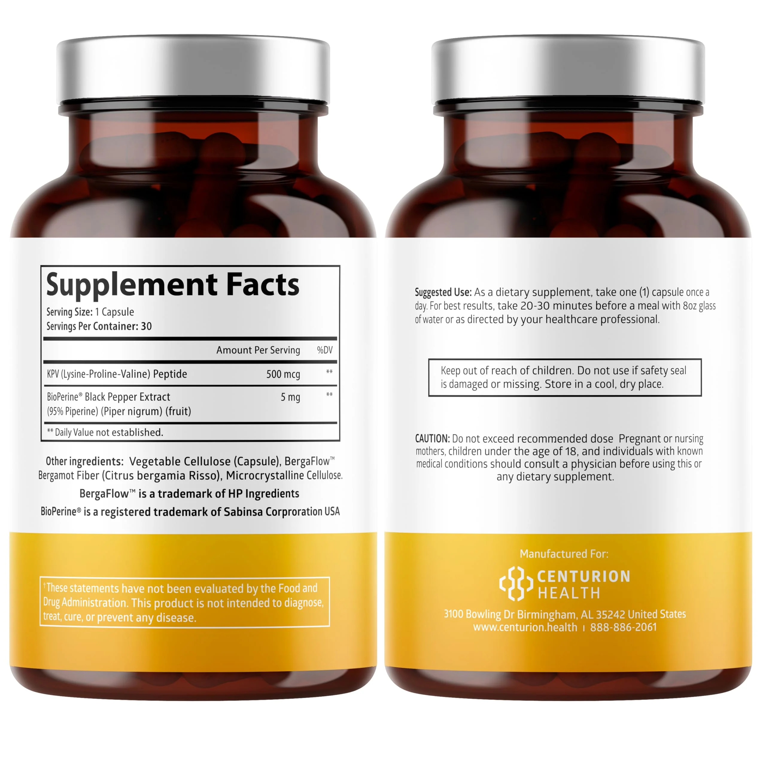 Centurion Labs KPV Supplement: Lysine-Proline-Valine Peptide with BioPerine, 500mcg per Serving, 30 Capsules - Image 3