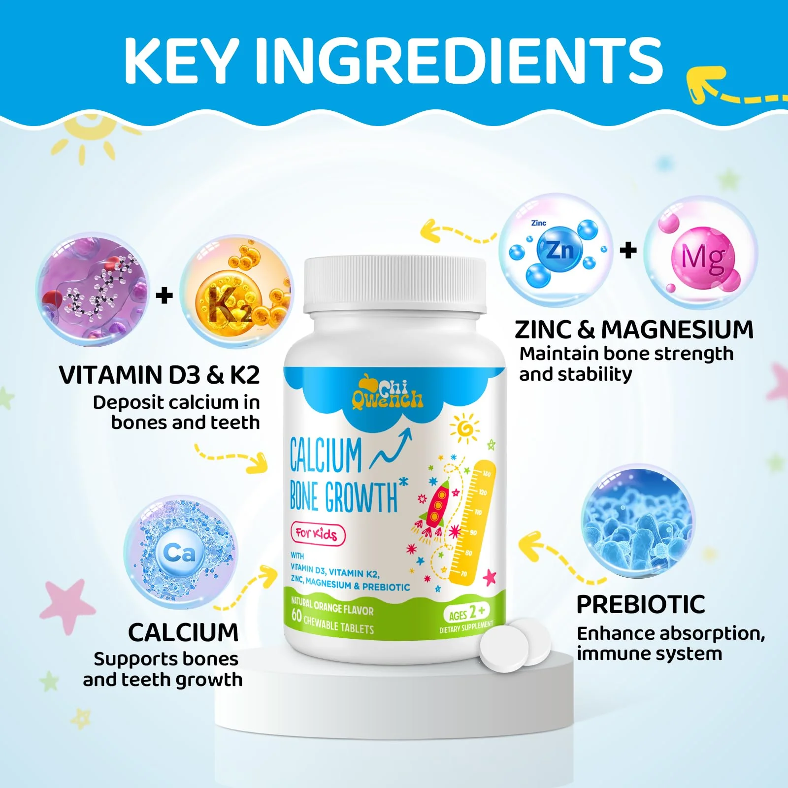 ChiQwench 500 mg Calcium + D3 & K2 with Zinc, Magnesium & Prebiotics – Orange Chewables for Kids’ Bone Health, Gluten Free, 120 Tabs - Image 4