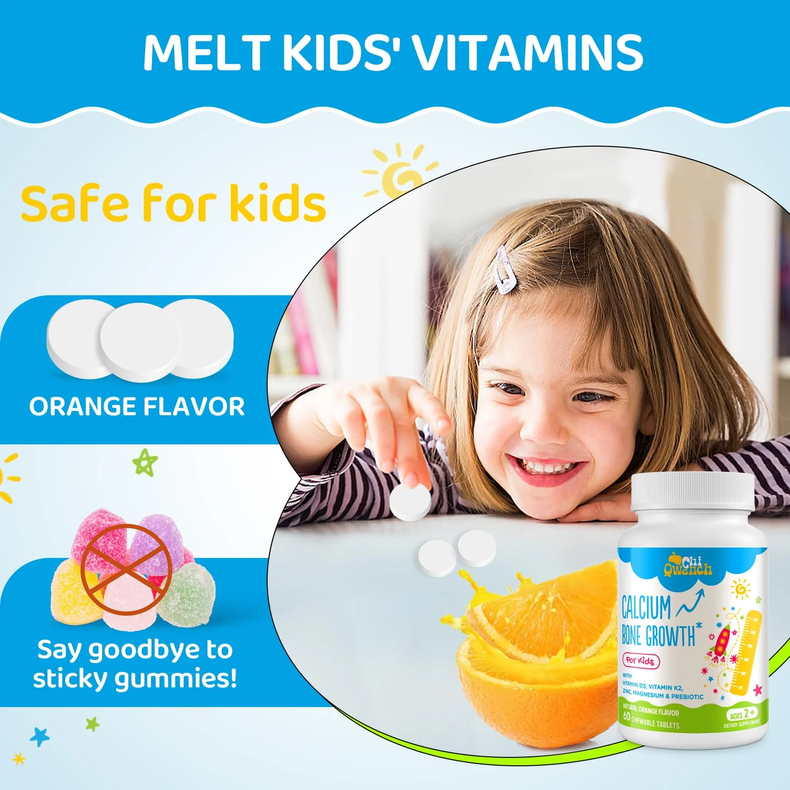ChiQwench 500 mg Calcium + D3 & K2 with Zinc, Magnesium & Prebiotics – Orange Chewables for Kids’ Bone Health, Gluten Free, 120 Tabs - Image 5