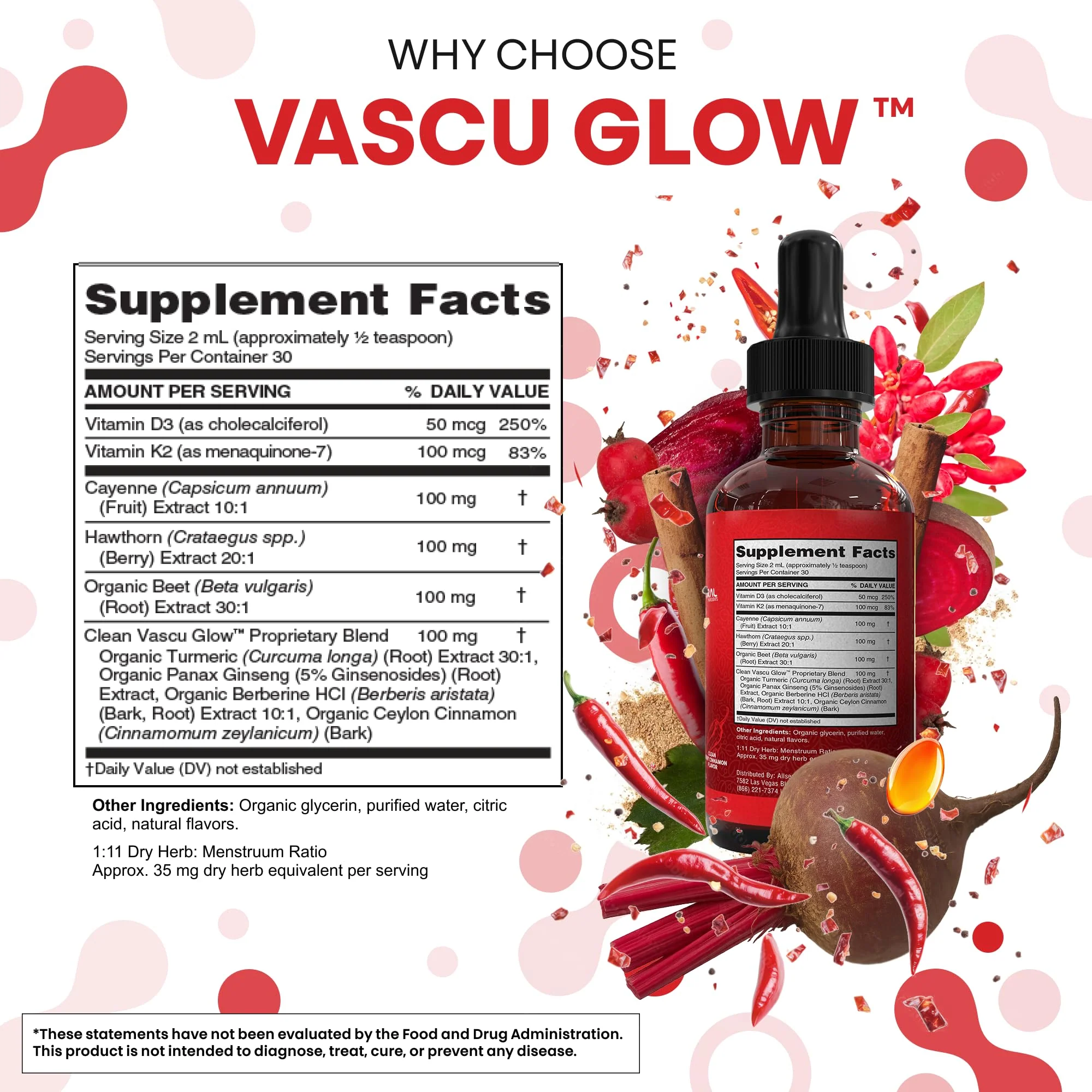 Clean Nutra Cayenne Pepper Drops Supplement Liquid + Hawthorn Berry, Vitamin D3 K2 Beet Root Powder, Ceylon Cinnamon, Turmeric Curcumin, Organic Panax Ginseng, Berberine Extract Organic (2) - Image 2