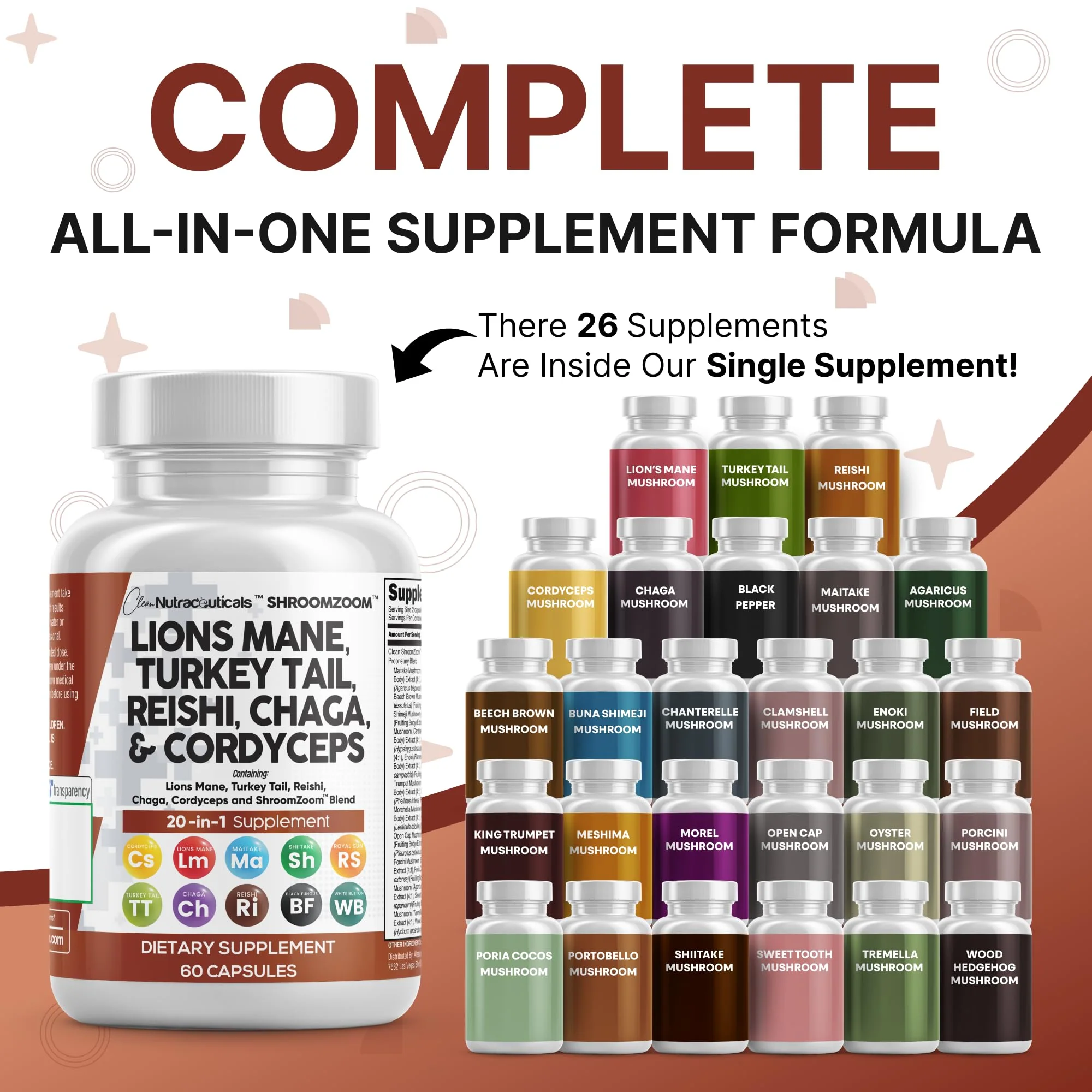 Clean Nutraceuticals 20-in-1 Mushroom Supplement – Lions Mane, Turkey Tail & More (1 Pack) - Image 2