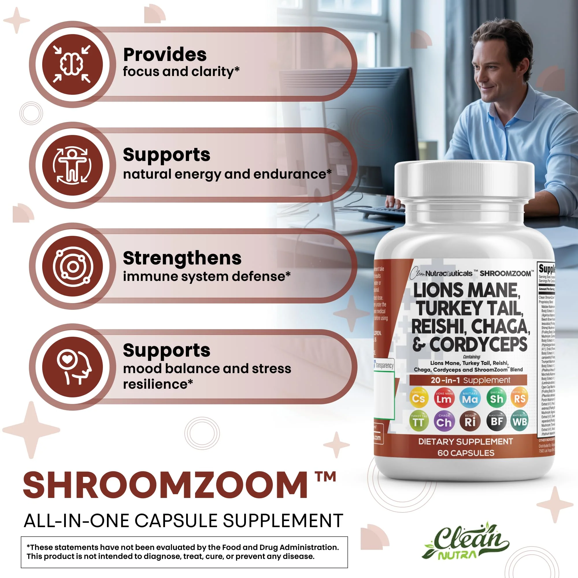 Clean Nutraceuticals 20-in-1 Mushroom Supplement – Lions Mane, Turkey Tail & More (1 Pack) - Image 5