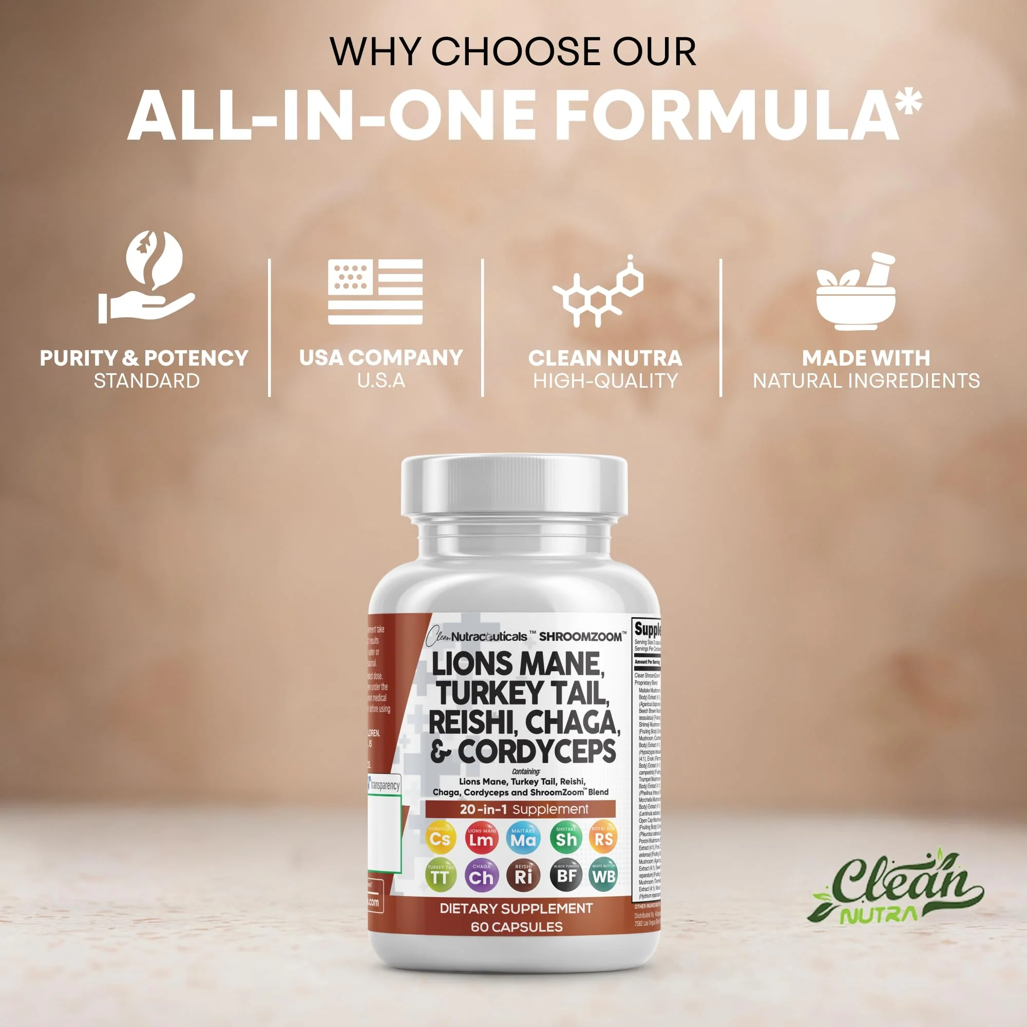 Clean Nutraceuticals 20-in-1 Mushroom Supplement – Lions Mane, Turkey Tail & More (1 Pack) - Image 7