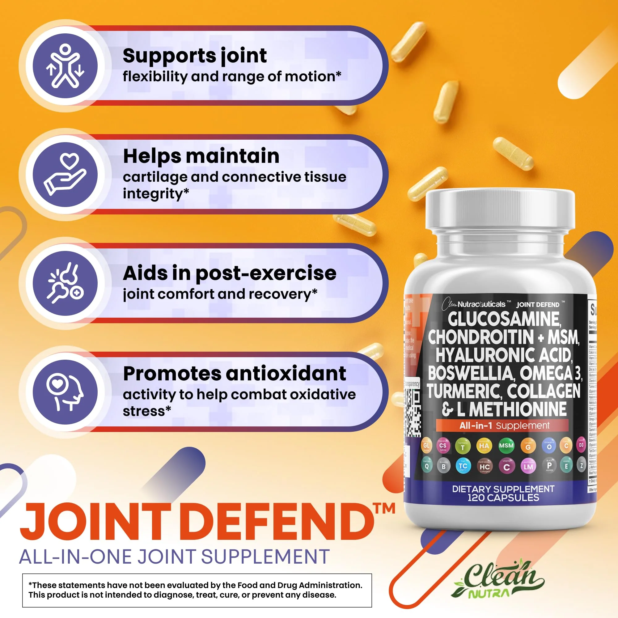 Clean Nutraceuticals Joint Defend – 15-in-1 Joint Health Capsule (Glucosamine 1500mg, Turmeric Curcumin, MSM, Collagen, Hyaluronic Acid, Omega-3) Pack of 2 - Image 5