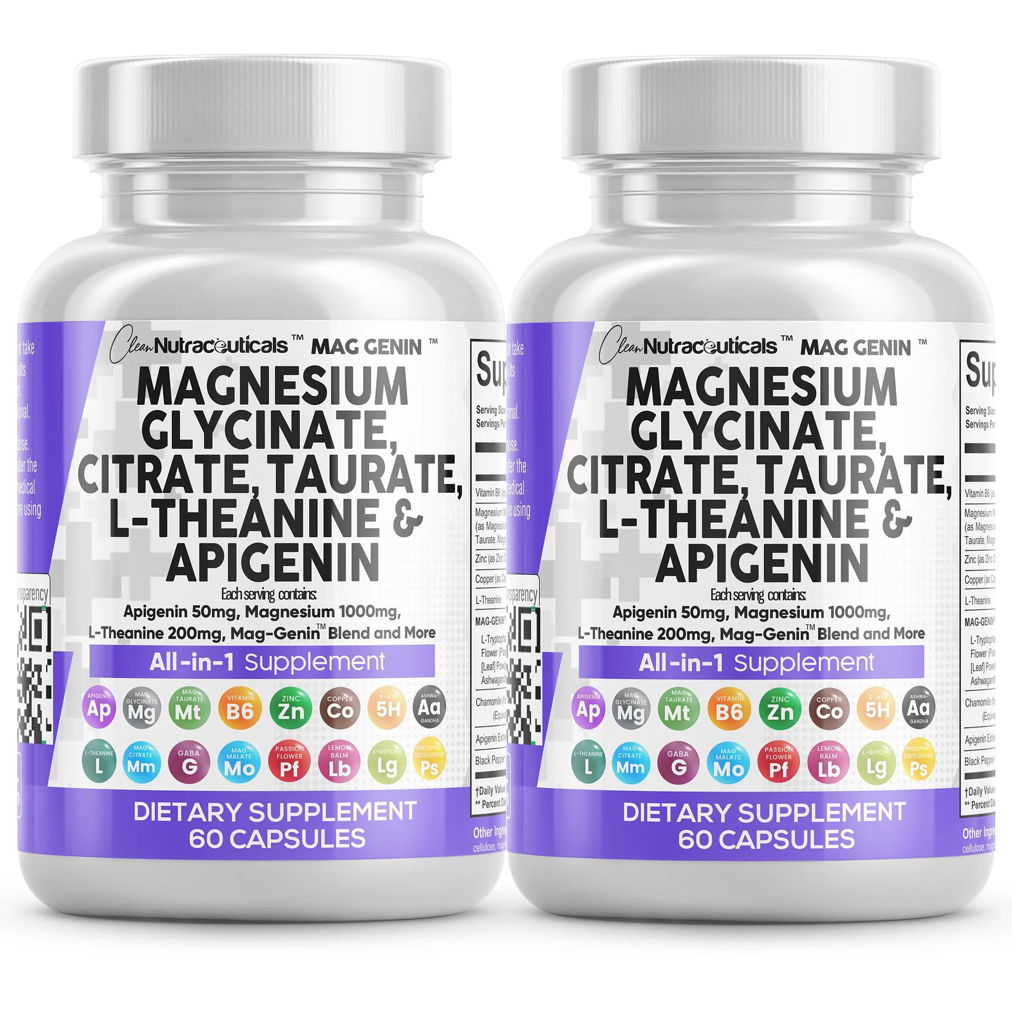 Clean Nutraceuticals Magnesium Glycinate Complex 1000mg with L-Theanine 200mg and Apigenin 50mg Citrate Taurate – 60 Count Pack of 2 - Image 10