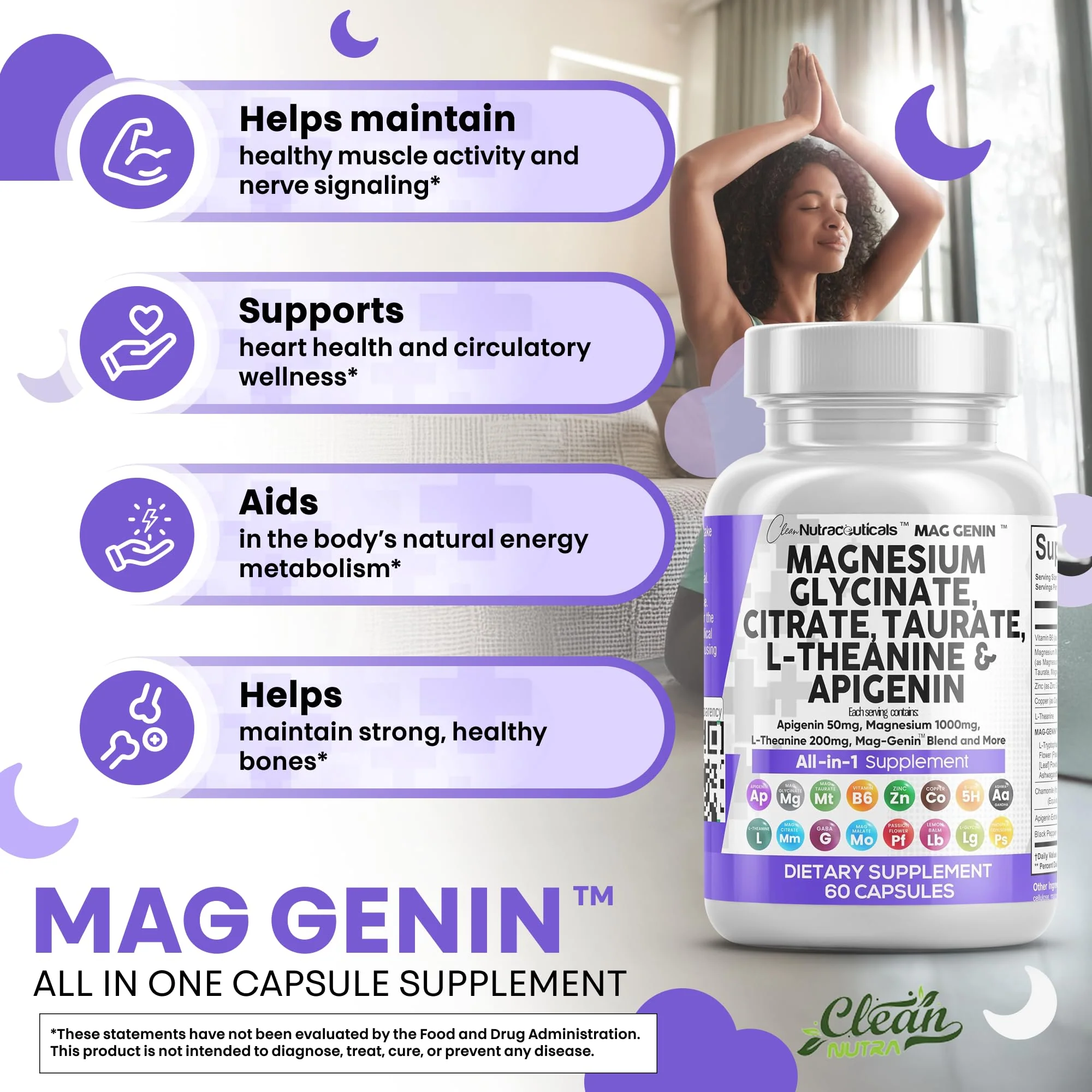 Clean Nutraceuticals Magnesium Glycinate Complex 1000mg with L-Theanine 200mg and Apigenin 50mg Citrate Taurate – 60 Count Pack of 2 - Image 14
