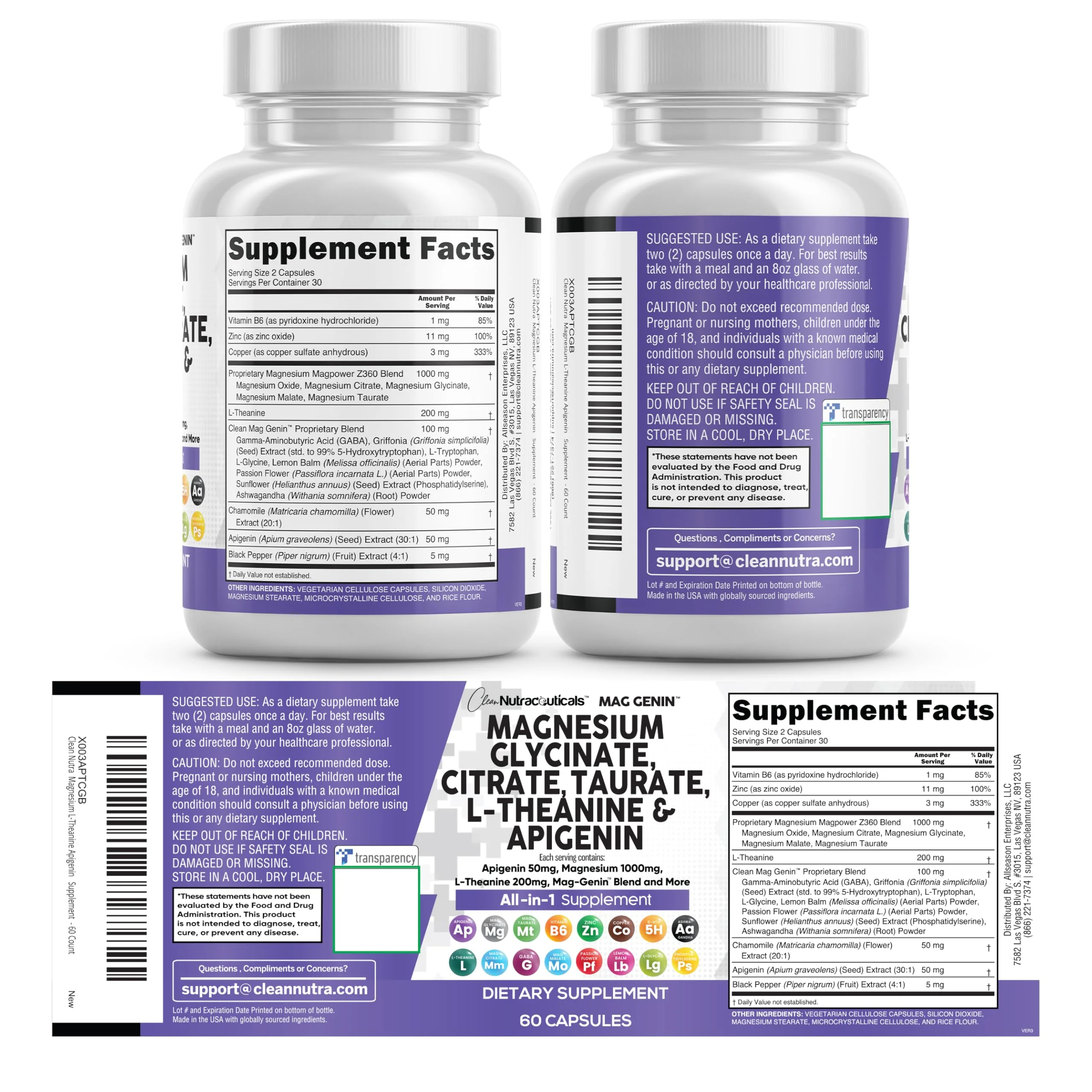 Clean Nutraceuticals Magnesium Glycinate Complex 1000mg with L-Theanine 200mg and Apigenin 50mg Citrate Taurate – 60 Count Pack of 2 - Image 17