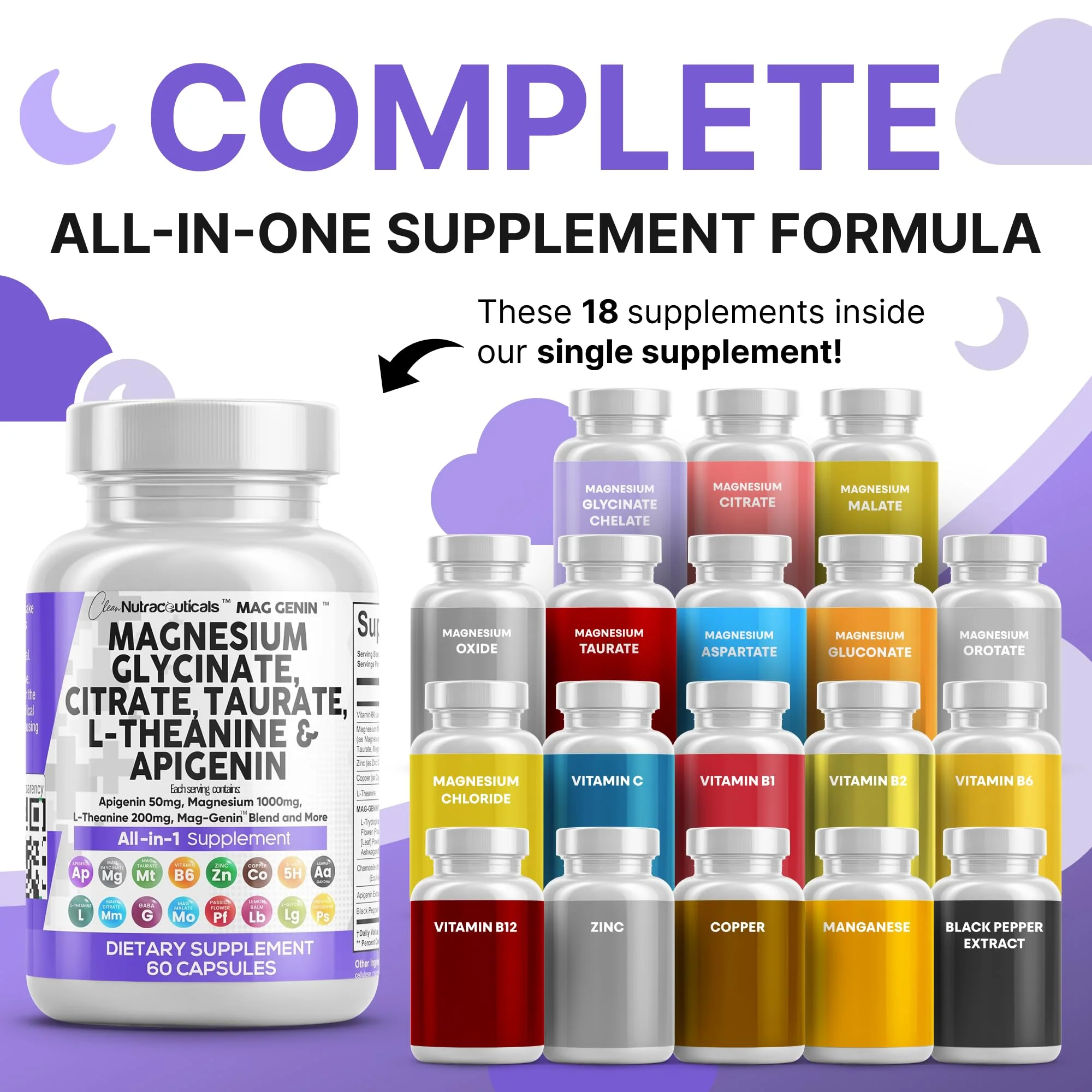 Clean Nutraceuticals Magnesium Glycinate Complex 1000mg with L-Theanine 200mg and Apigenin 50mg Citrate Taurate – 60 Count Pack of 2 - Image 2
