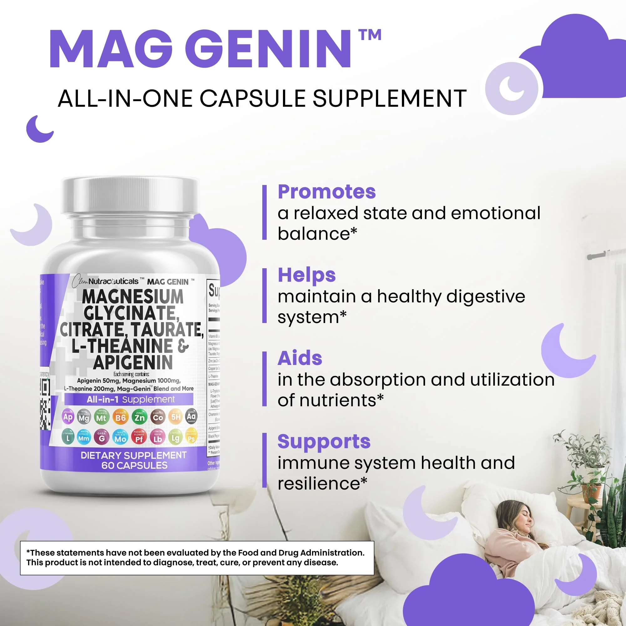 Clean Nutraceuticals Magnesium Glycinate Complex 1000mg with L-Theanine 200mg and Apigenin 50mg Citrate Taurate – 60 Count Pack of 2 - Image 6