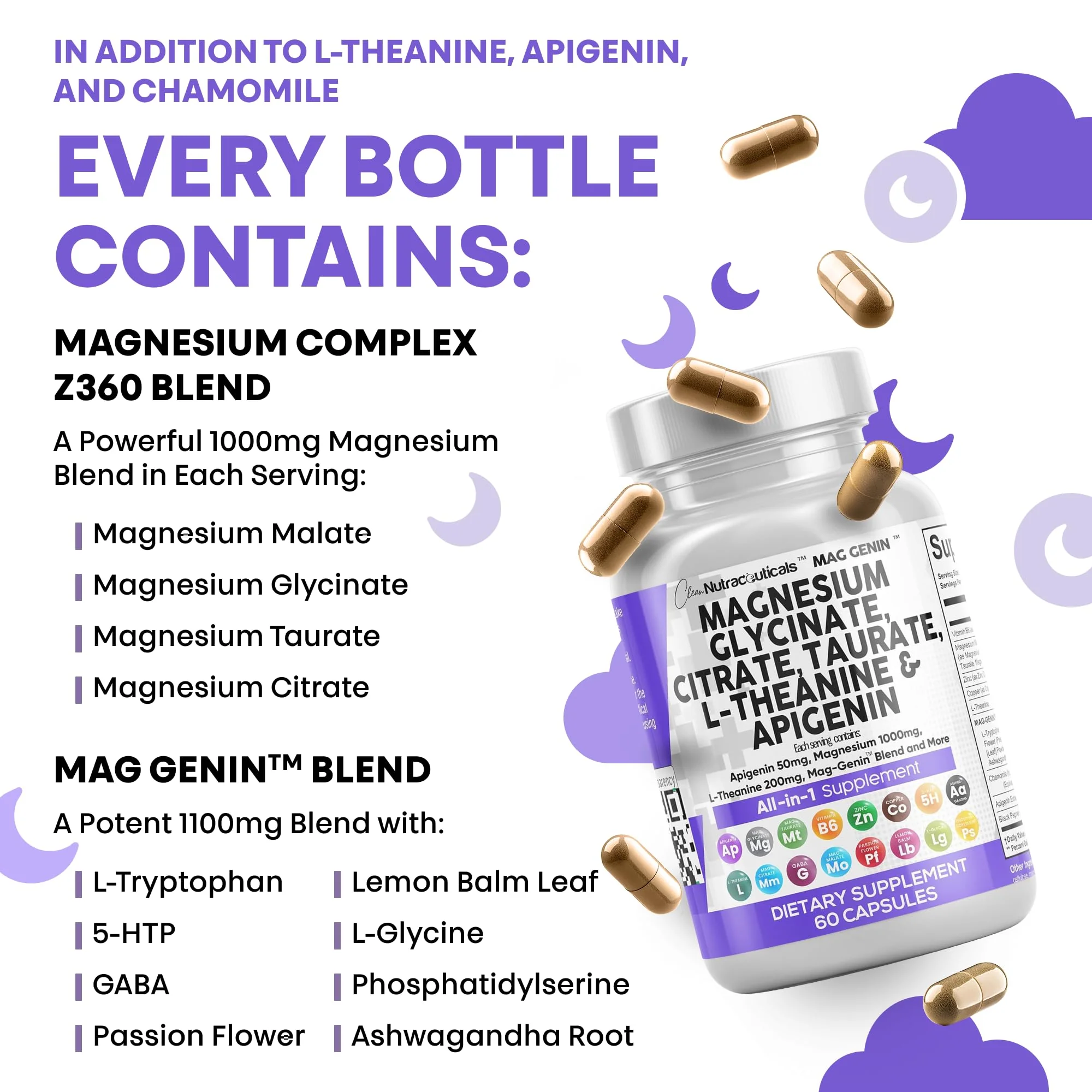 Clean Nutraceuticals Magnesium Glycinate Complex 1000mg with L-Theanine 200mg and Apigenin 50mg Citrate Taurate – 60 Count Pack of 2 - Image 7