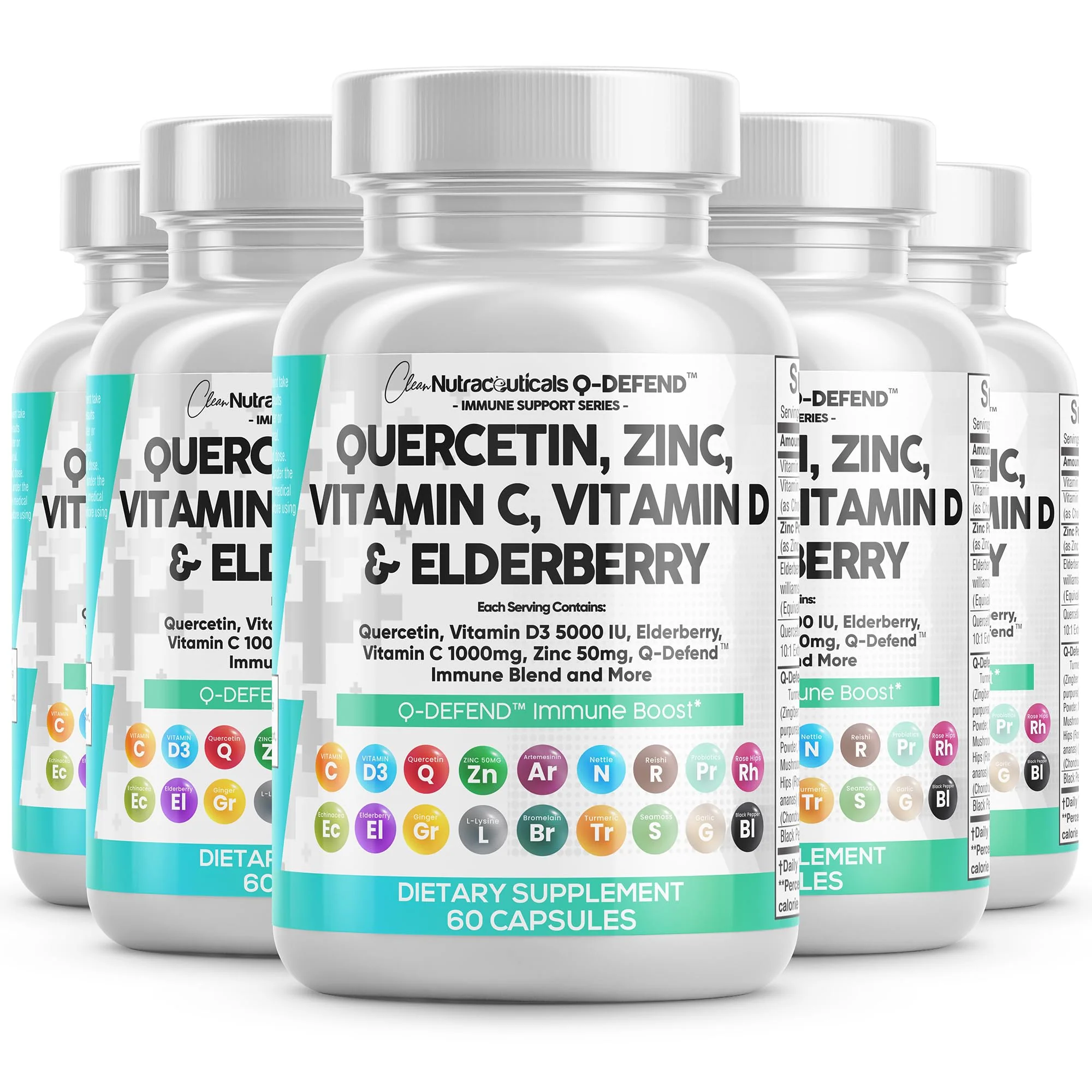 Clean Nutraceuticals Q-Defend Immune Blend: Quercetin, Zinc, Vitamin C & D, Bromelain & Elderberry for Lung Immune Support (60 Count Pack of 5) - Image 10