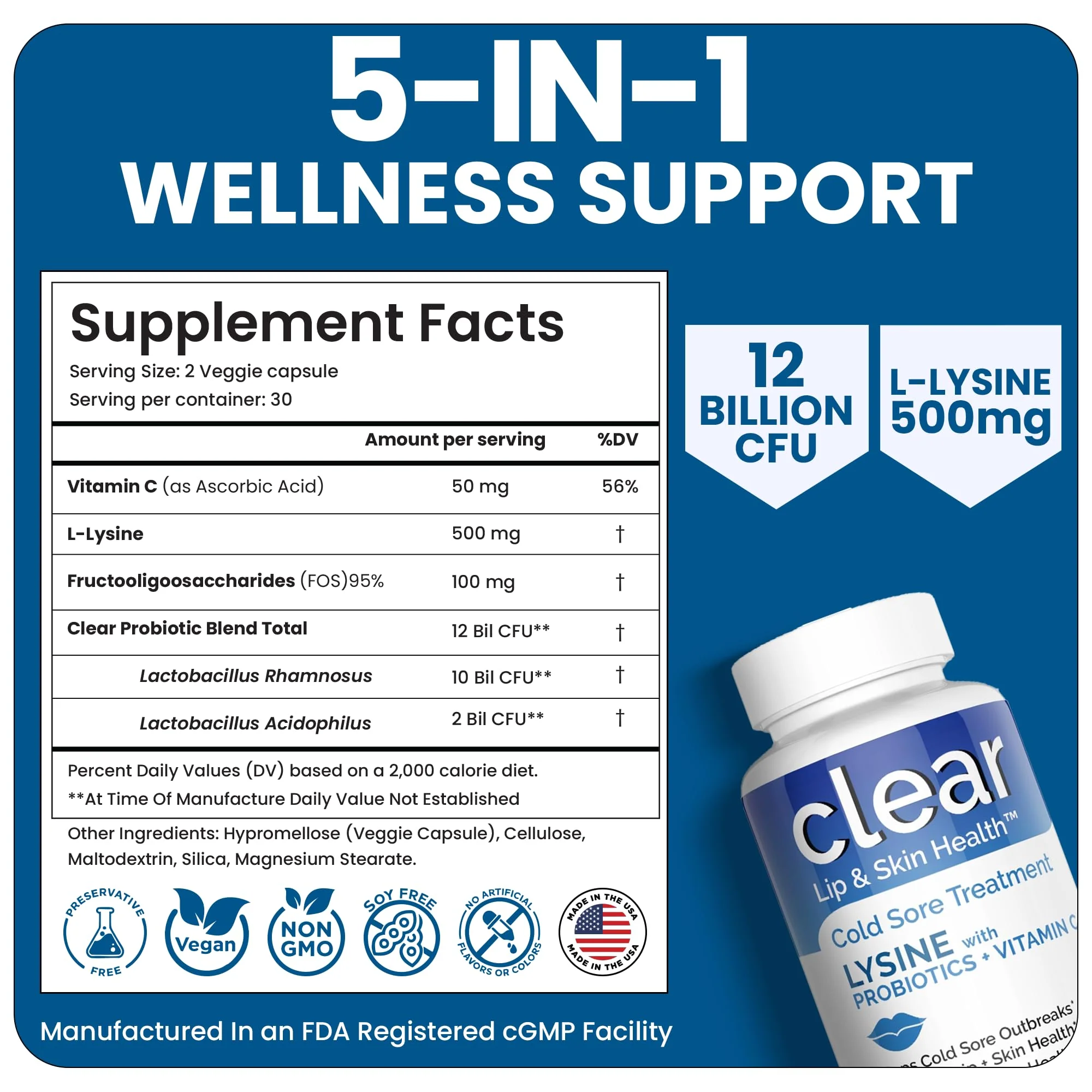 Clear Probiotics Lysine Cold Sore Treatment for Lips – Probiotic Lysine + Vitamin C – 180 Capsules - Image 14