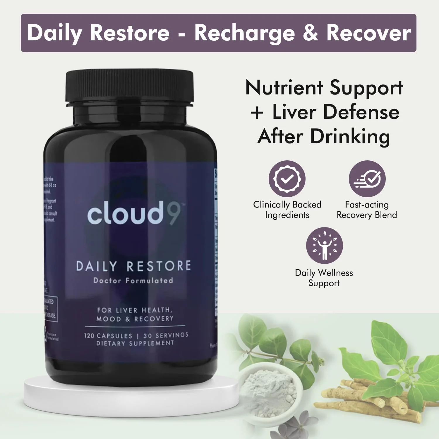 Cloud9 Daily Restore – Liver Detox & Recovery Supplement with Milk Thistle, NAC & B-Vitamins | 120 Capsules | Made in USA - Image 2