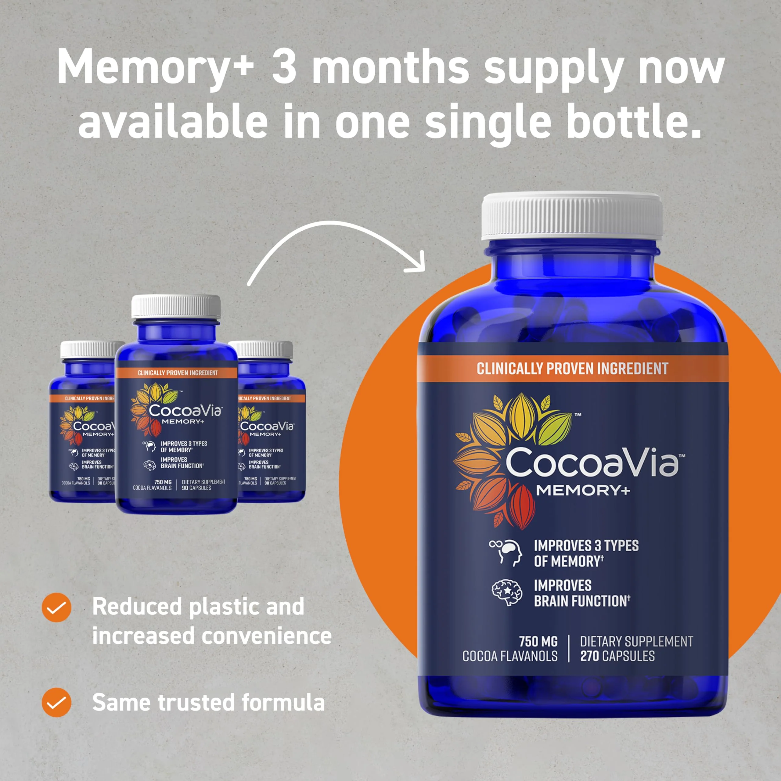 CocoaVia Memory+ Brain Supplement, 90 Day, 750 mg Cocoa Flavanols, Memory & Brain Booster, Vegan, Plant Based, Gluten Free, 270 Capsules - Image 15