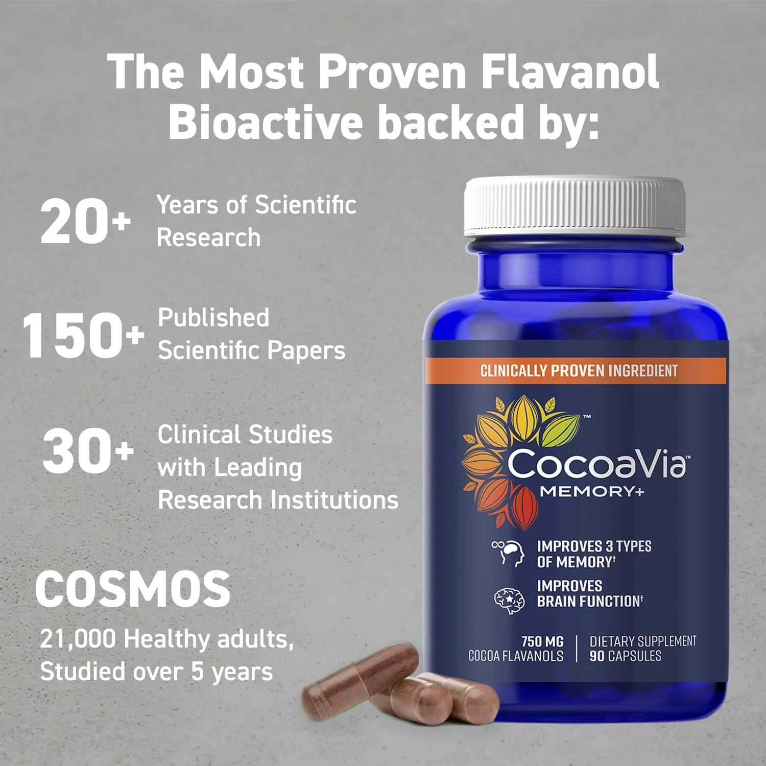 CocoaVia Memory+ Brain Supplement, 90 Day, 750 mg Cocoa Flavanols, Memory & Brain Booster, Vegan, Plant Based, Gluten Free, 270 Capsules - Image 6