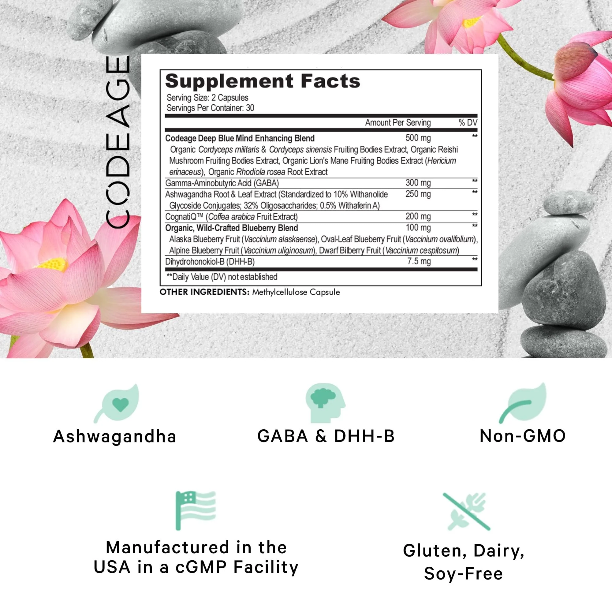 Codeage Meditate Vitamins+ Supplement – CognatiQ, DHH-B, GABA, Ashwagandha | BDNF Support | Vegan, Non-GMO, Gluten-Free – 60 Capsules - Image 2