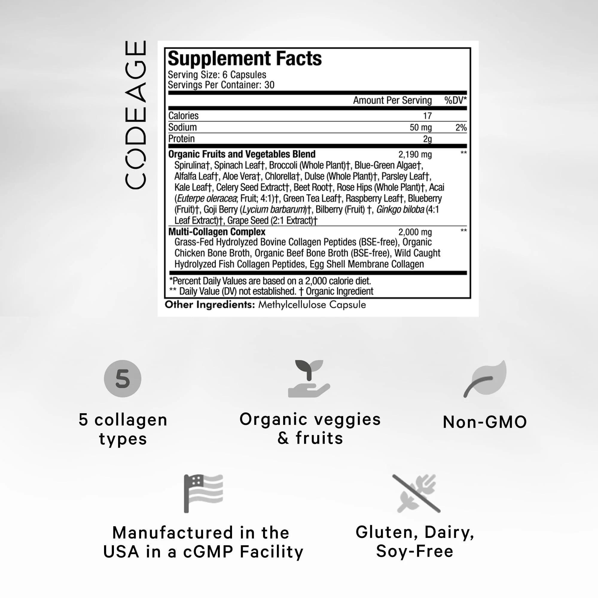 Codeage Multi Collagen Protein + Organic Raw Greens Capsules – 5 Types, 21 Fruits & Veggies, Grass-Fed Hydrolyzed Collagen, 180 Count - Image 3