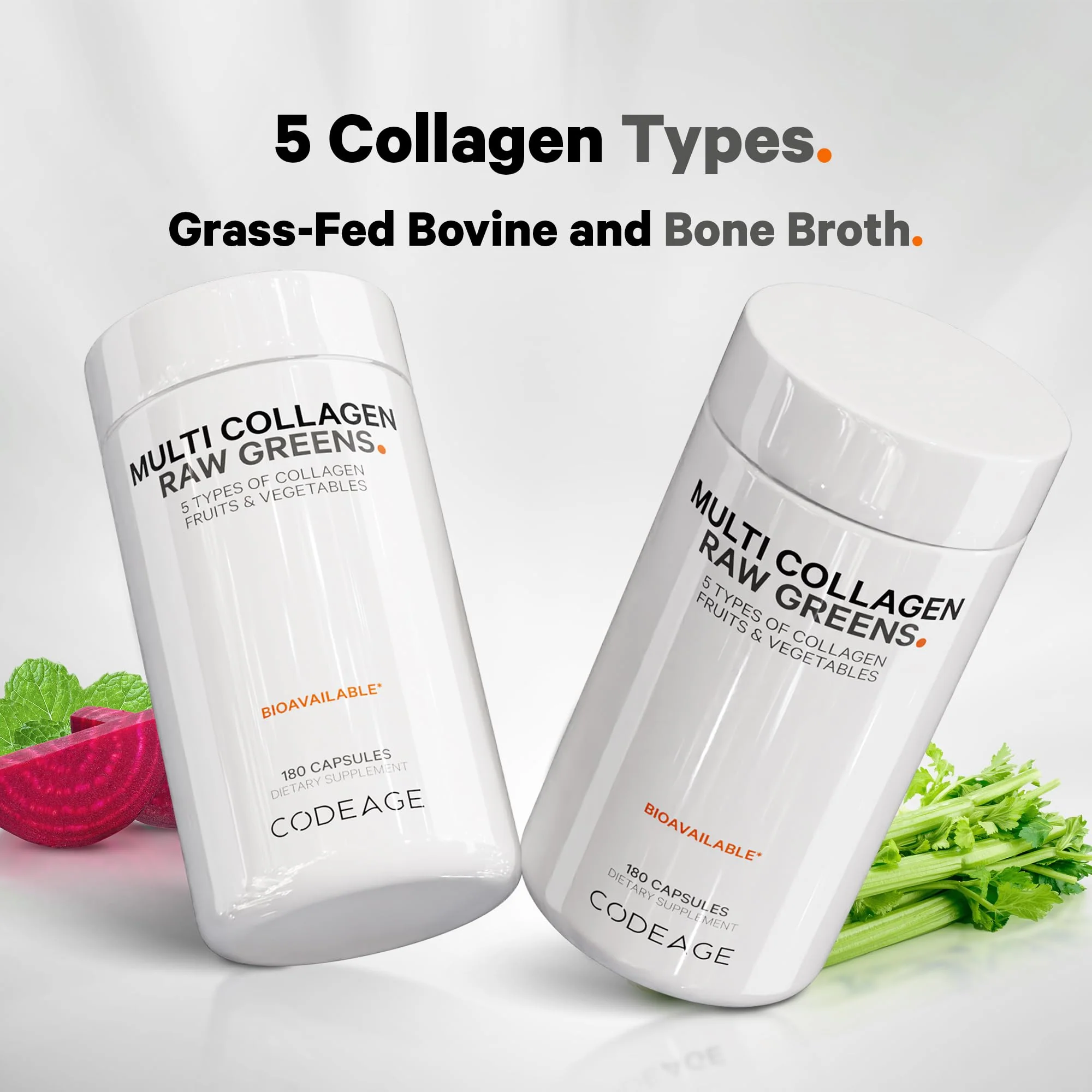Codeage Multi Collagen Protein + Organic Raw Greens Capsules – 5 Types, 21 Fruits & Veggies, Grass-Fed Hydrolyzed Collagen, 180 Count - Image 4