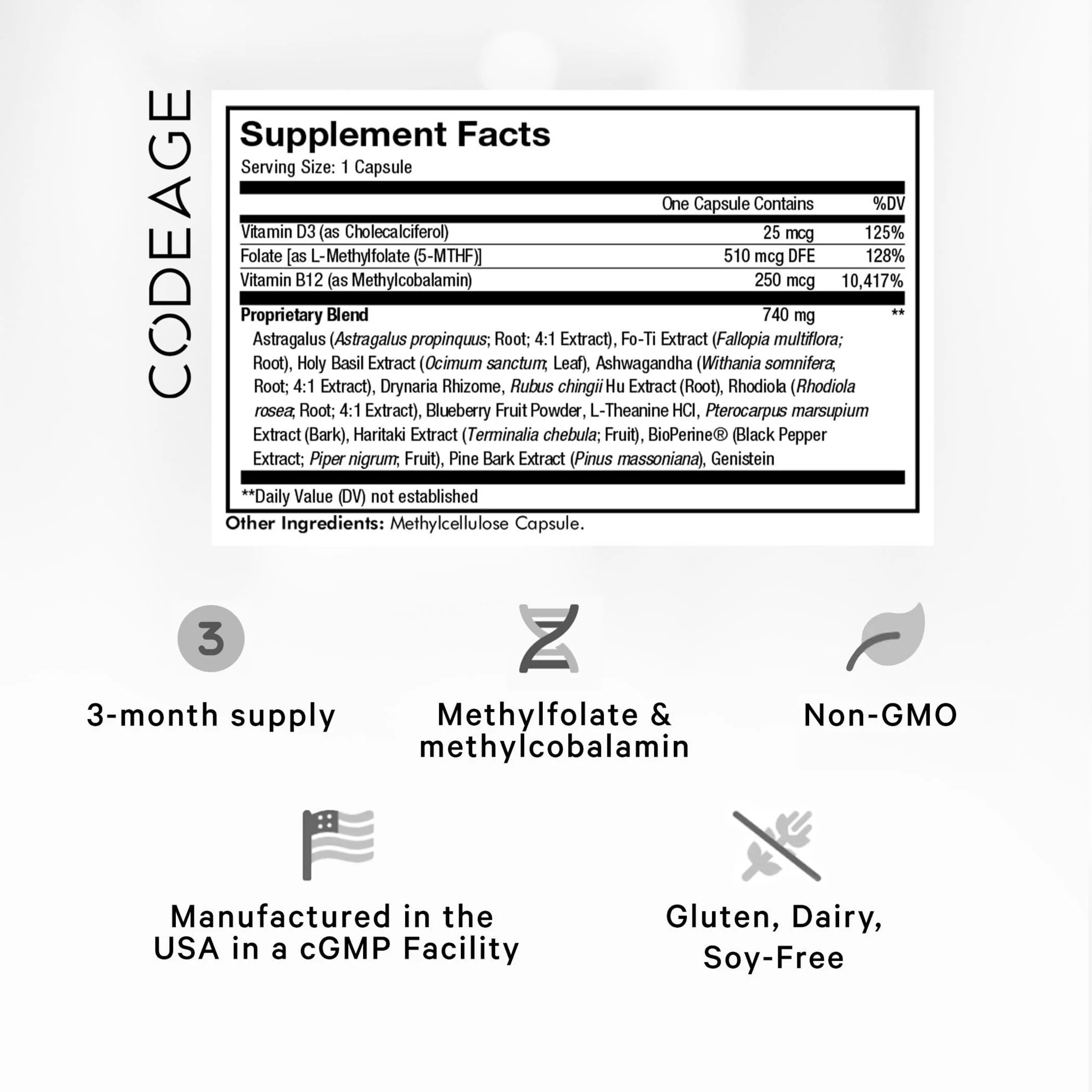 Codeage Ultra Life Telomeres Supplement – 5-MTHF Folate, B12 Methylcobalamin, D3, L-Theanine, Ashwagandha • 3-Month Supply - Image 2