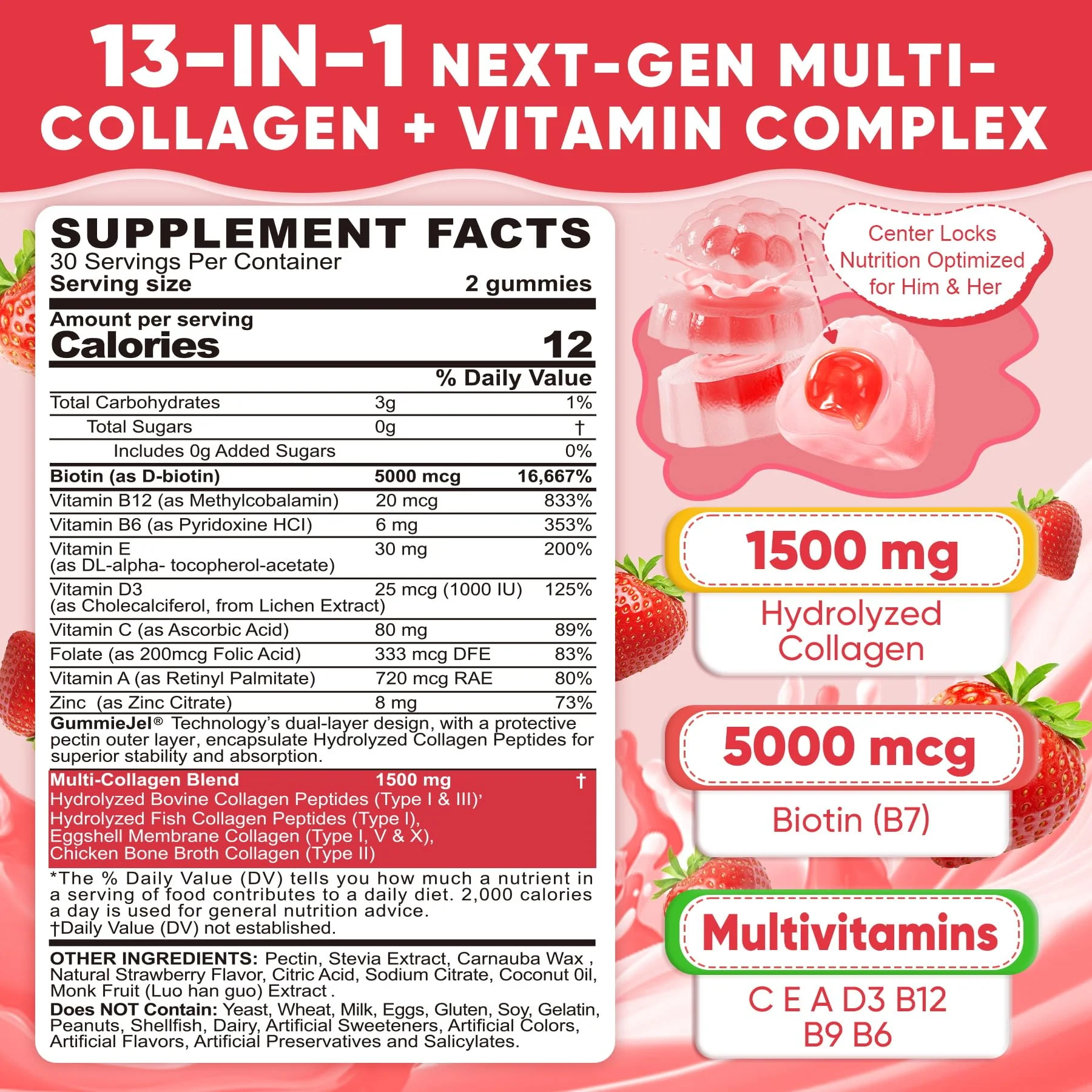 Collagen Peptide Gummies – Sugar-Free Multi-Collagen 1500mg | Biotin 5000mcg | Vitamins for Skin, Hair & Nails | 60 Gummies - Image 2