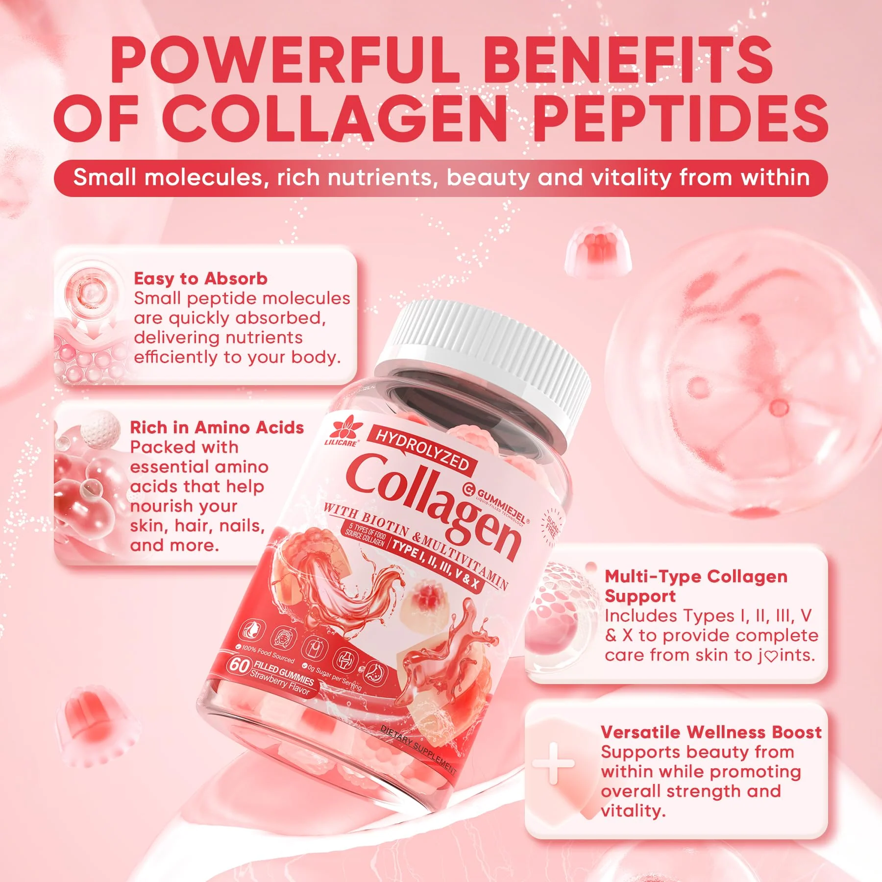 Collagen Peptide Gummies – Sugar-Free Multi-Collagen 1500mg | Biotin 5000mcg | Vitamins for Skin, Hair & Nails | 60 Gummies - Image 6