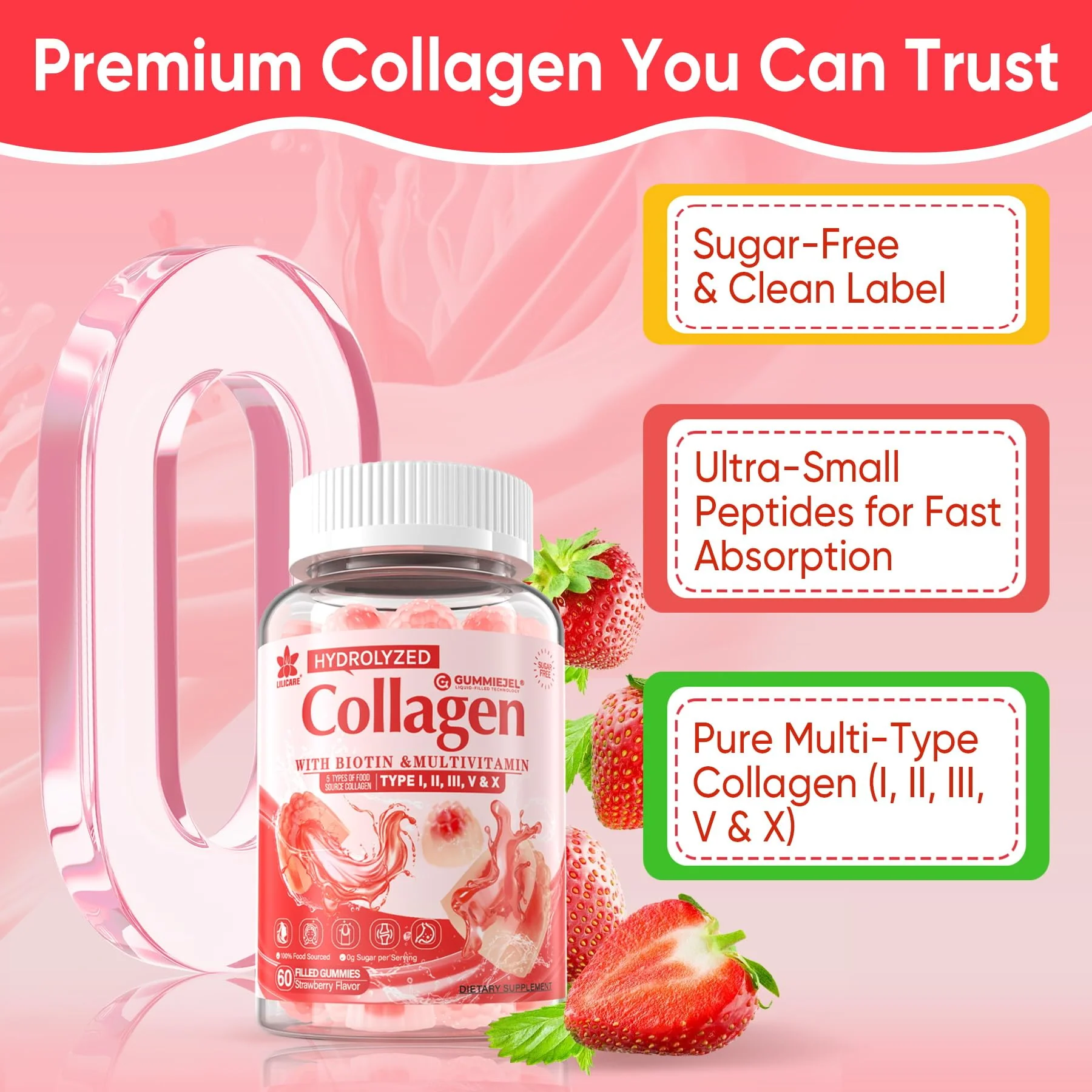 Collagen Peptide Gummies – Sugar-Free Multi-Collagen 1500mg | Biotin 5000mcg | Vitamins for Skin, Hair & Nails | 60 Gummies - Image 9