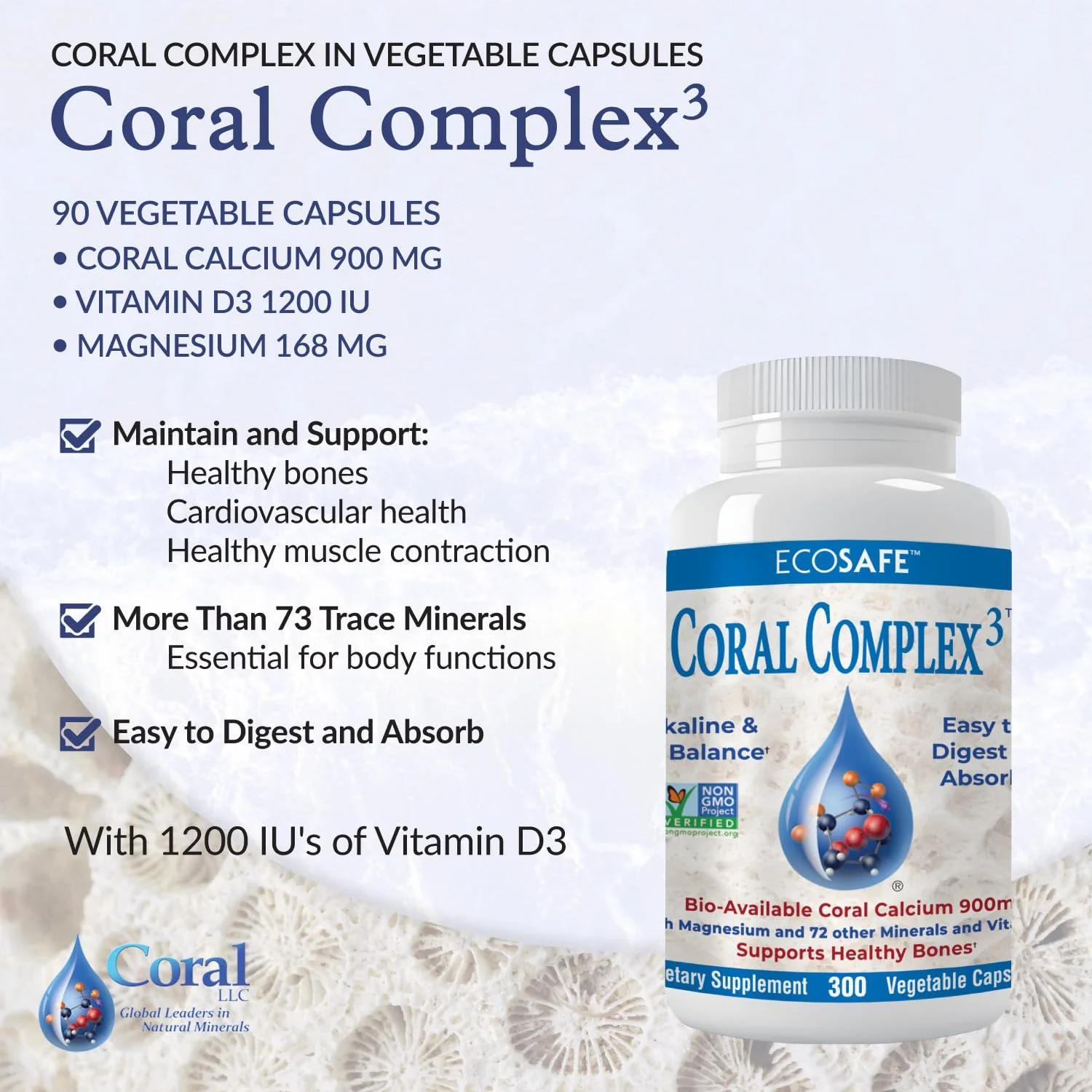 Coral Complex 3 — Coral Calcium 900 mg + Vitamin D3 1200 IU + Magnesium 168 mg | 300 Vegetarian Capsules | Coral White - Image 9