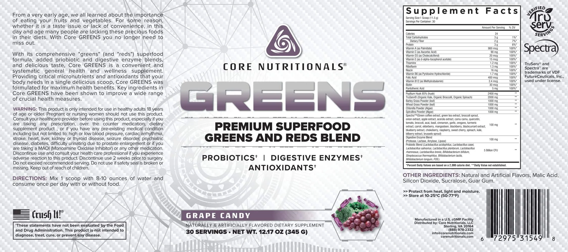 Core Nutritionals Greens – Premium Reds & Greens Superfood Blend | 30 Servings (Grape Candy) - Image 2