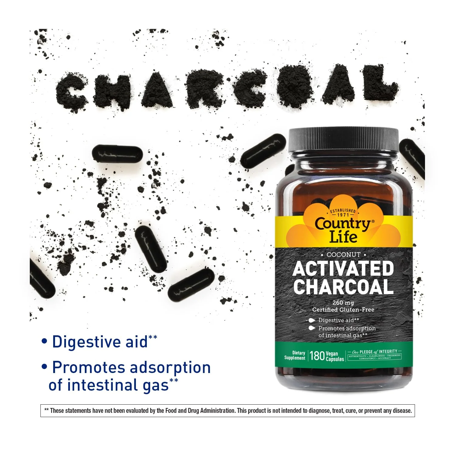 Country Life Activated Organic Coconut Charcoal Capsules, 260mg – Natural Charcoal Supplement for Gas and Bloating Relief, Gluten-Free, 180 Vegan Capsules - Image 2