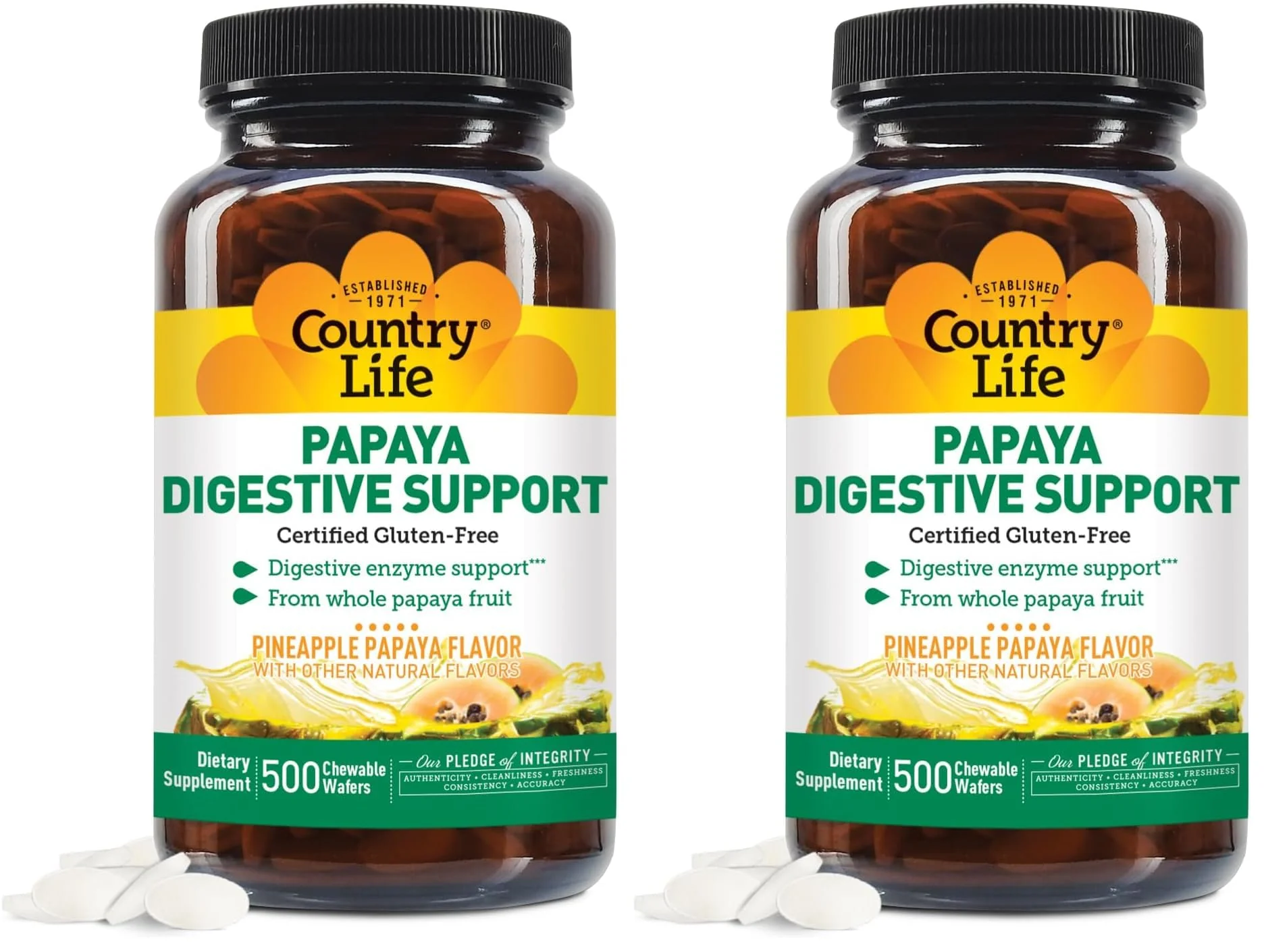 Country Life Chewable Papaya Enzymes for Digestion – Pineapple & Papaya Flavor | 200 & 500 Wafers