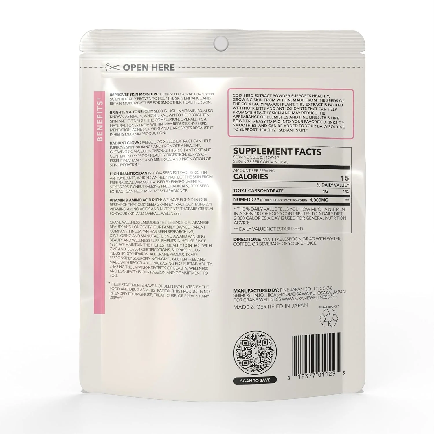 CRANE WELLNESS Coix Seed Extract Powder – 100% Pure Non-GMO, Made in Japan - Image 5