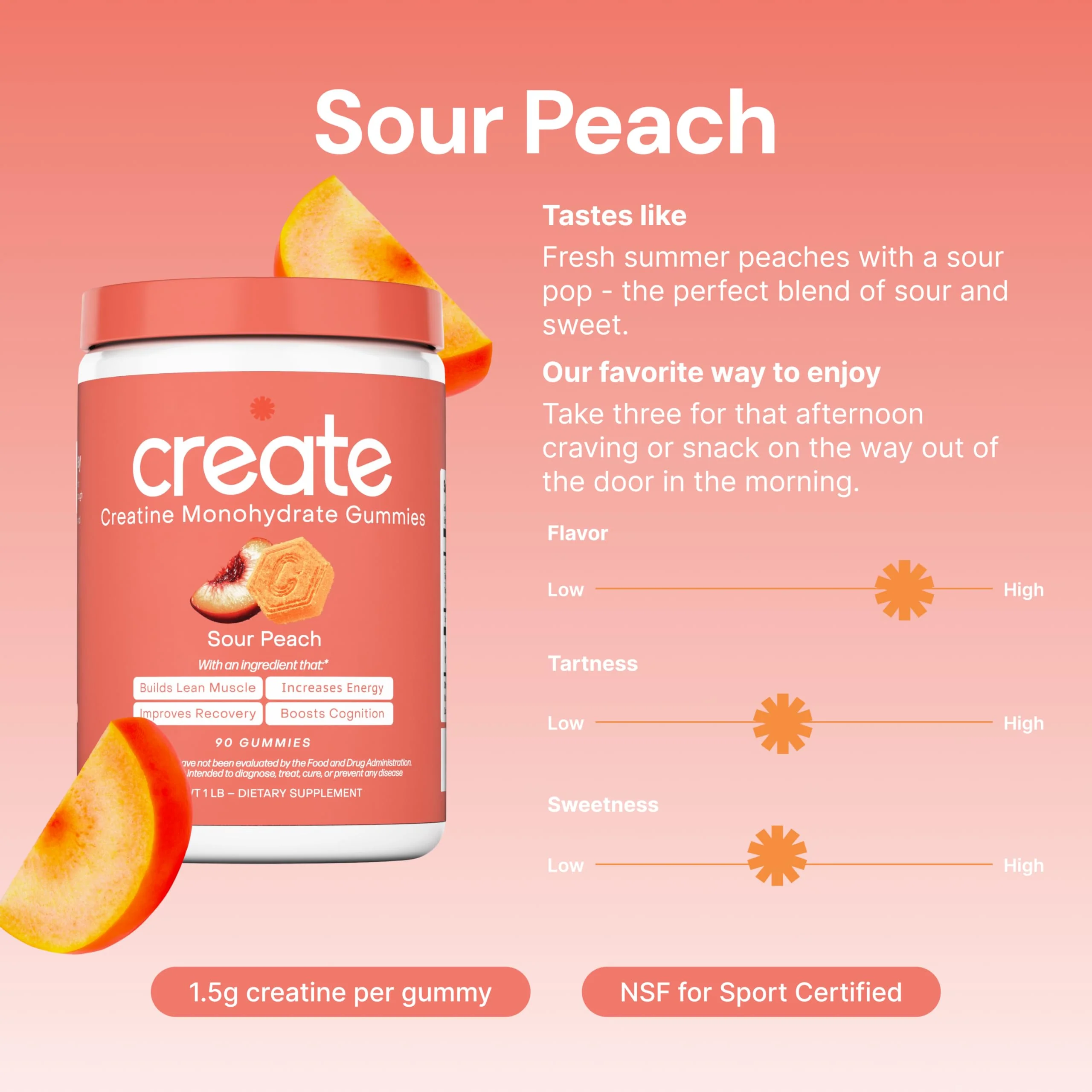 Create Creatine Monohydrate Gummies – 1.5g Per Gummy, Vegan, Anti-Melting, Sour Peach Flavor - Image 16