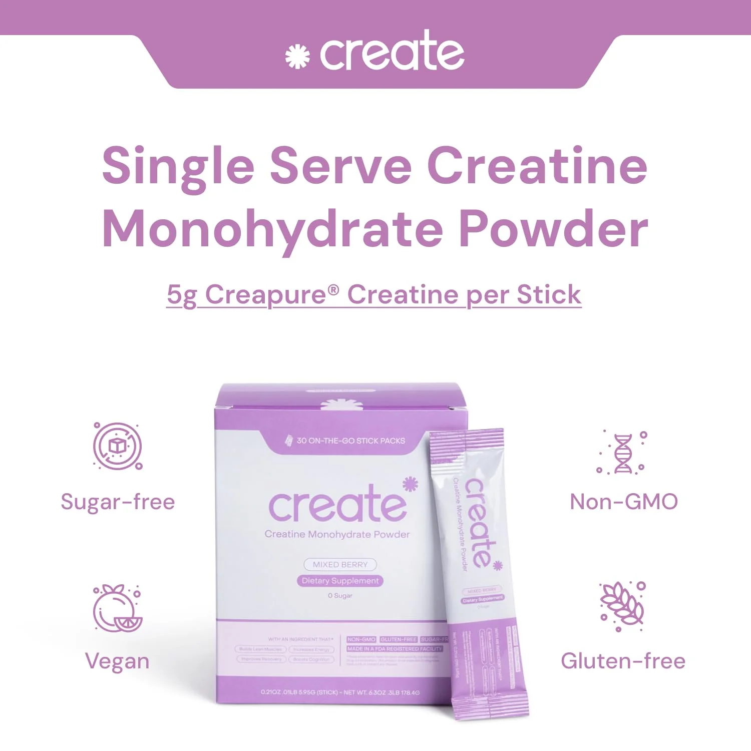 Create Single-Serve Creatine Monohydrate Powder – 5g Creapure Creatine, Sugar-Free, Vegan | Mixed Berry | 30 Portable Packets - Image 14