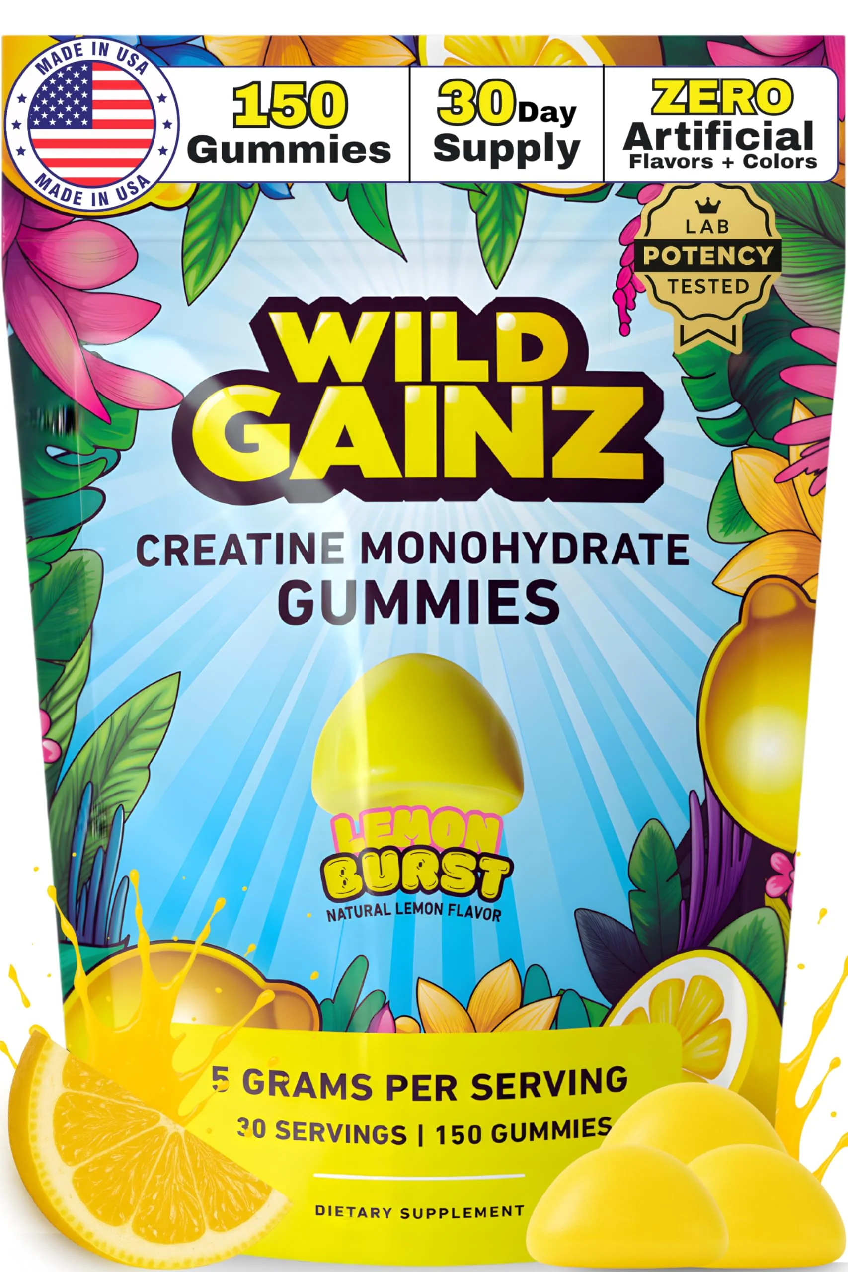 Creatine Monohydrate Gummies 5000mg – Made in USA, Vegan, Lemon | Muscle Growth & Focus