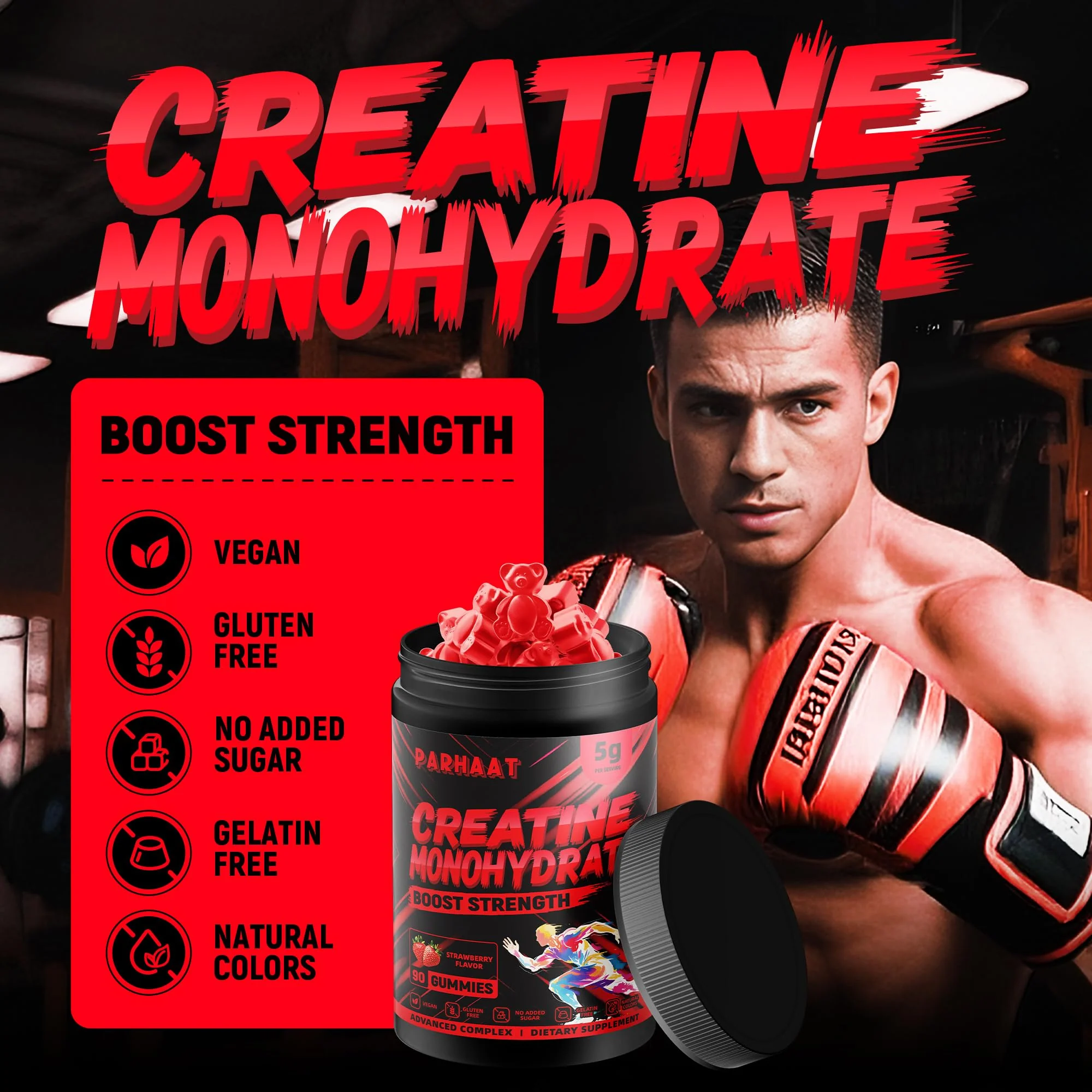 Creatine Monohydrate Gummies 5g for Men & Women - Boost Focus,Strength, and Endurance, Anti-Melting Formula, Vegan, Gluten-Free, Non-GMO, 2.5 Gram Creatine per Gummy (Strawberry 90 ct) - Image 2