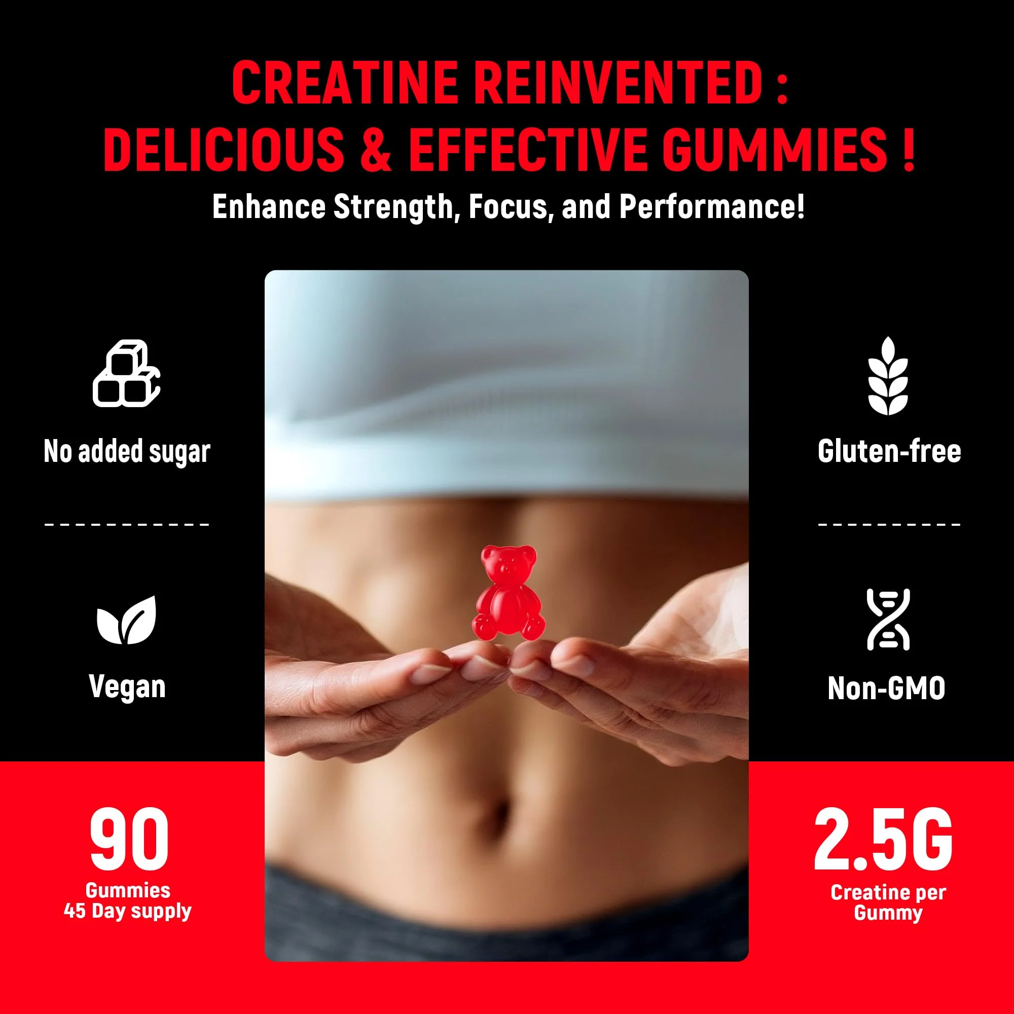 Creatine Monohydrate Gummies 5g for Men & Women - Boost Focus,Strength, and Endurance, Anti-Melting Formula, Vegan, Gluten-Free, Non-GMO, 2.5 Gram Creatine per Gummy (Strawberry 90 ct) - Image 8