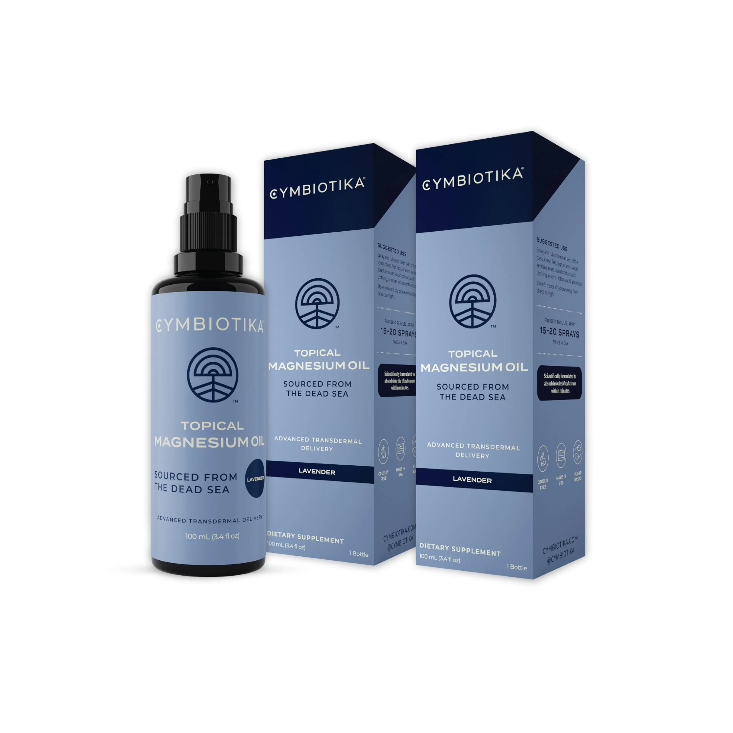 CYMBIOTIKA Topical Magnesium Oil Spray – USA Made 2-Pack (6.8 fl oz) for Leg Cramps, Muscle, Joint Health & Sleep Support