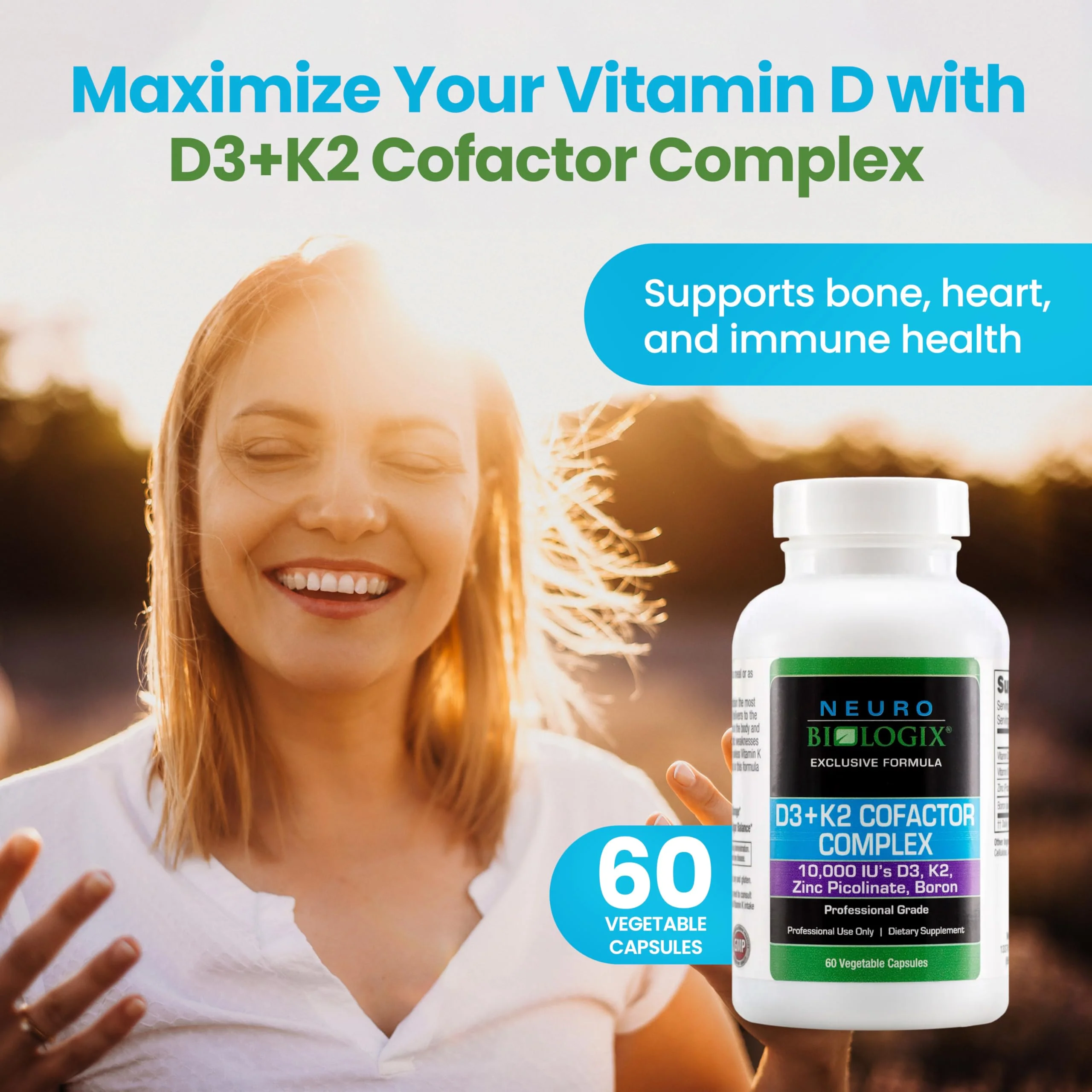 D3+K2 Cofactor Complex - Helps Maximize Vitamin D Benefits for Bone, Heart & Immune Support - Formulated with Vitamin D3, K2 (vitaMK7®), Zinc & Boron to Promote Efficient Calcium Utilization – 60 Caps - Image 2