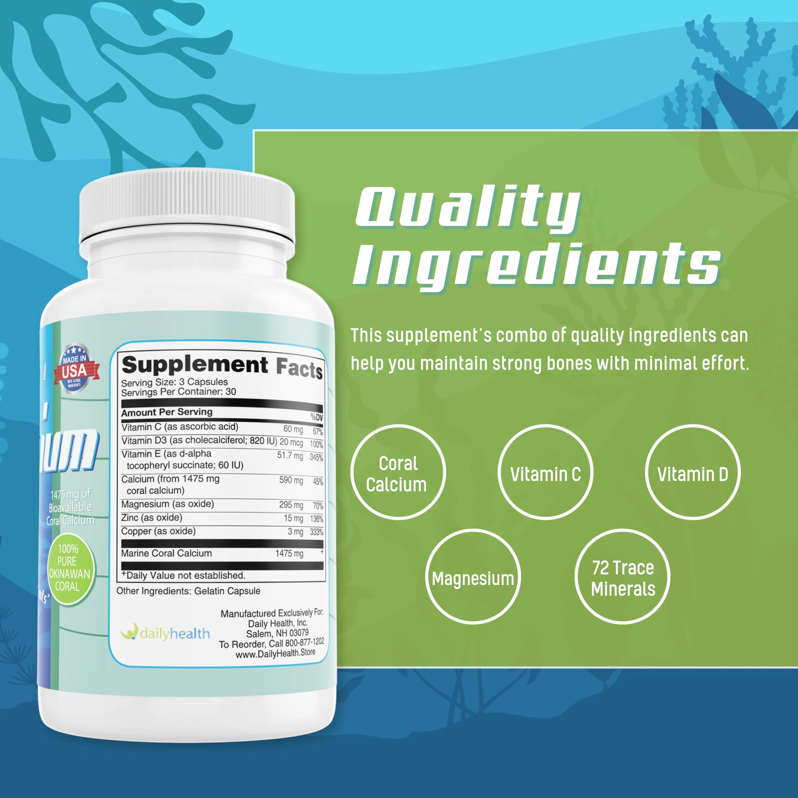 Daily Health - Pure Okinawa Coral Calcium - Marine-Grade with 72 Trace Minerals, 1475mg, 540 Vegetable Capsules (6 Month Supply) - Image 3