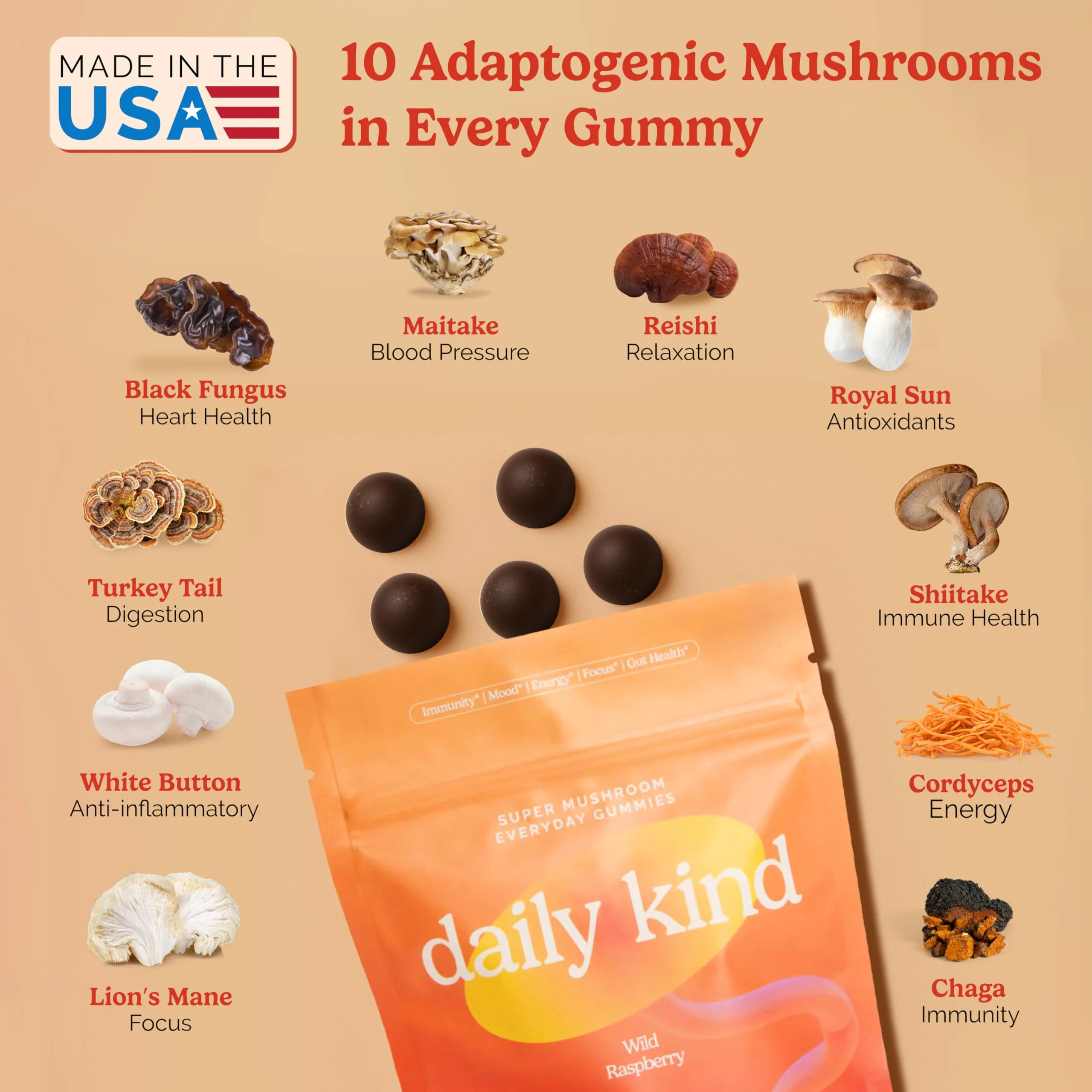 Daily Kind Super Mushroom Gummies – 10-in-1 Adaptogenic Mushroom Supplement (60-Ct) | Immunity, Focus & Gut Health | Vegan & Gluten-Free - Image 3